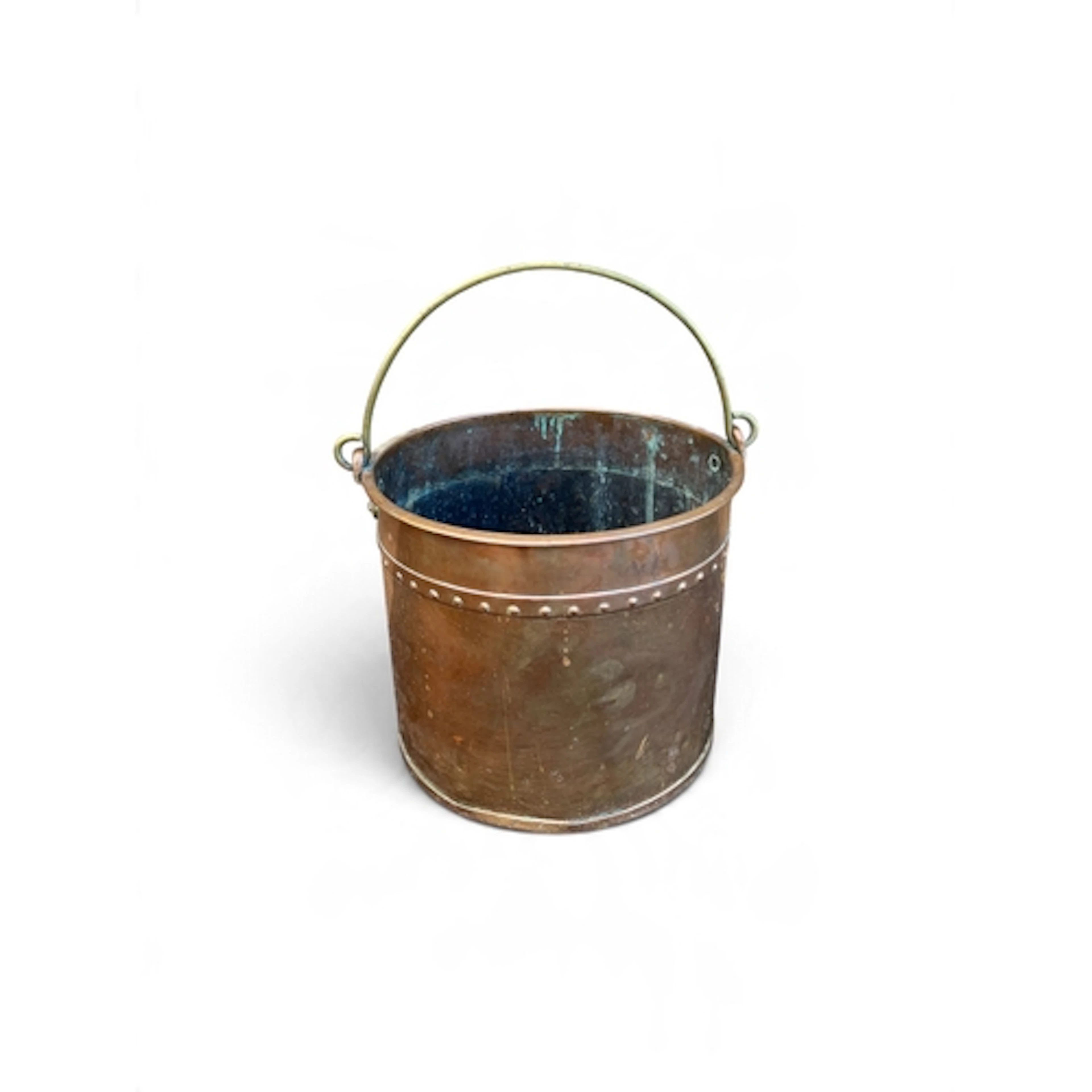 A COPPER LOG BUCKET WITH BRASS HANDLE