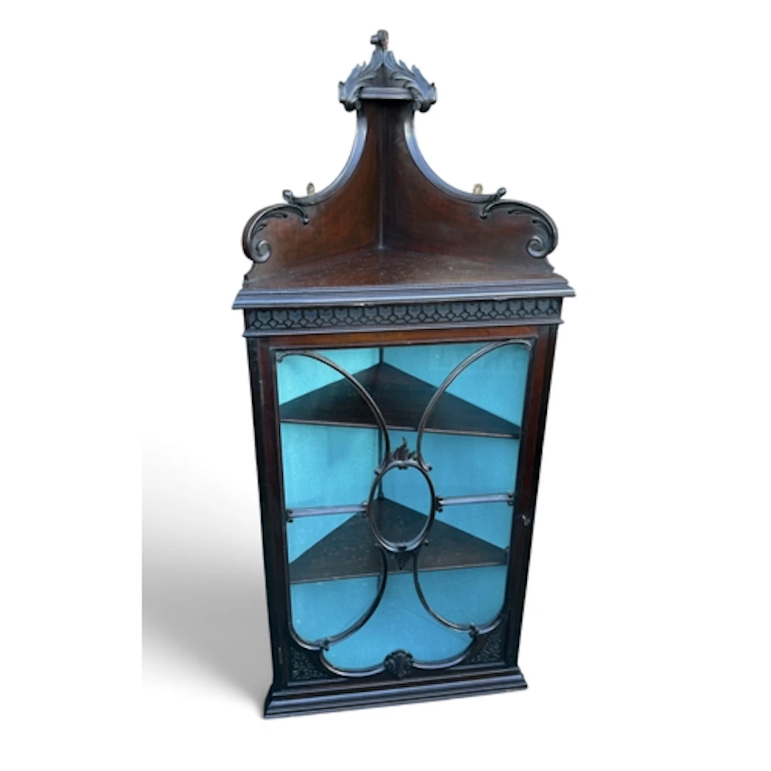 AN EDWARDIAN MAHOGANY WALL HANGING CORNER CUPBOARD Labelled ...