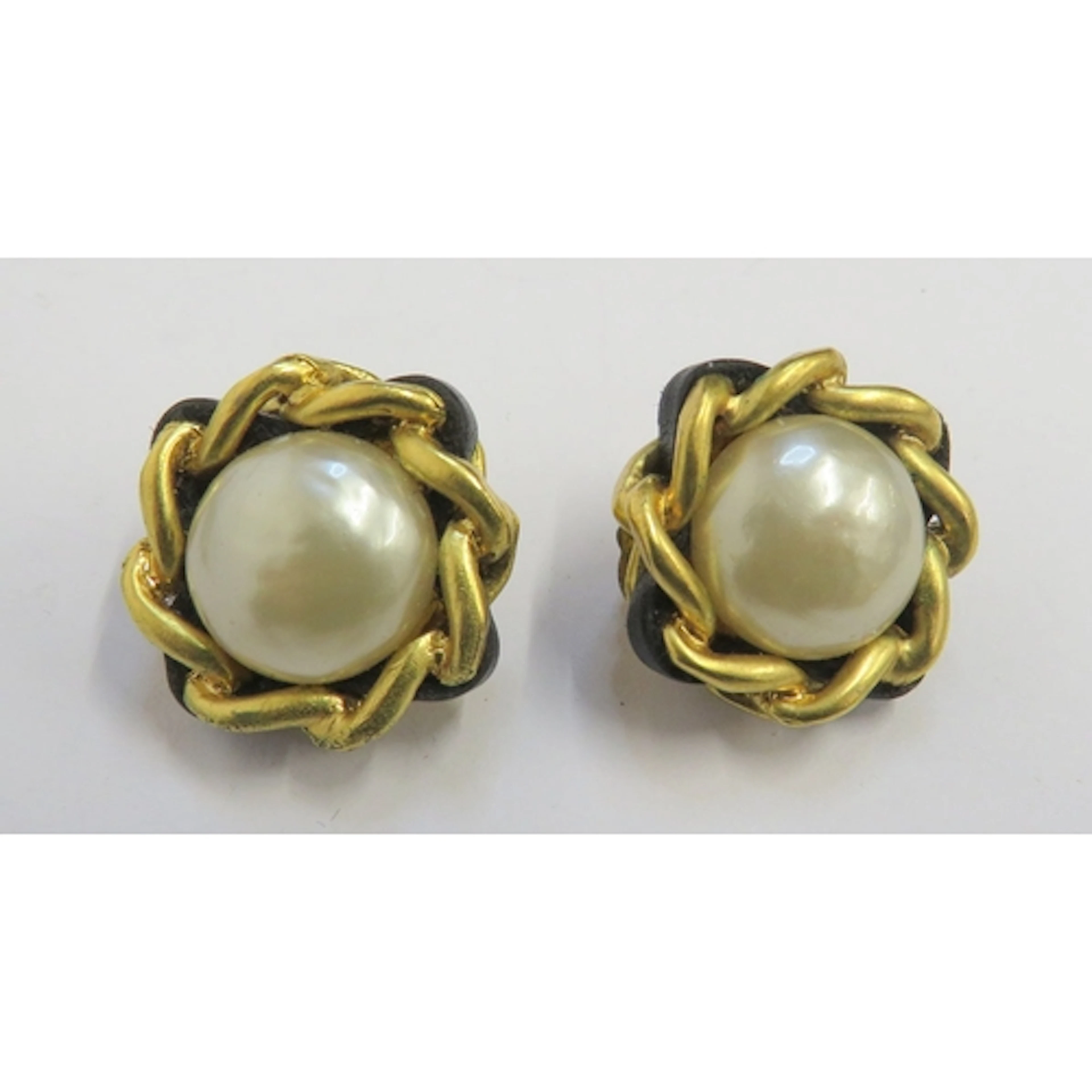 Pair of Vintage 80s Style Pearl Earrings surrounded by gold ...
