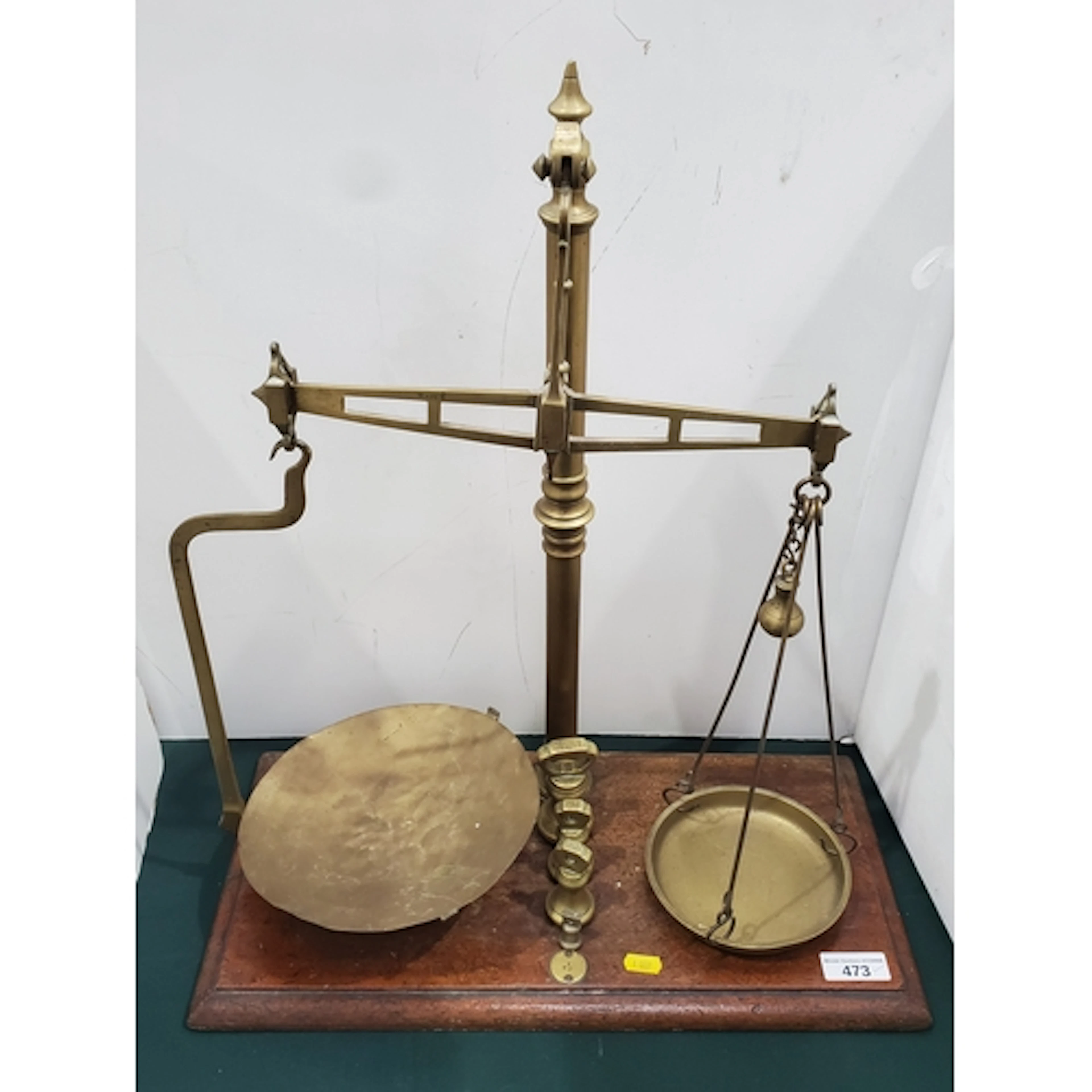 A set of Victorian brass Balance Scales with weights, on mah...