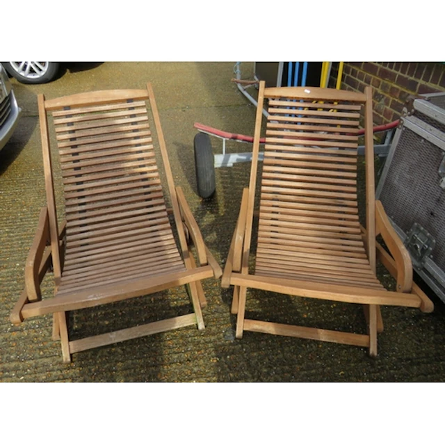 Pair Wooden Slatted Deckchairs (2)
