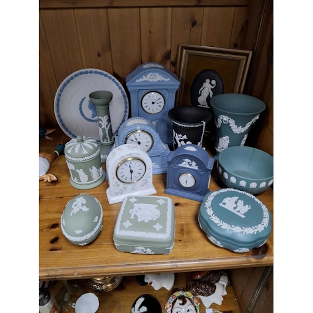A SMALL GROUP OF MOSTLY WEDGWOOD JASPERWARE ITEMS comprising...