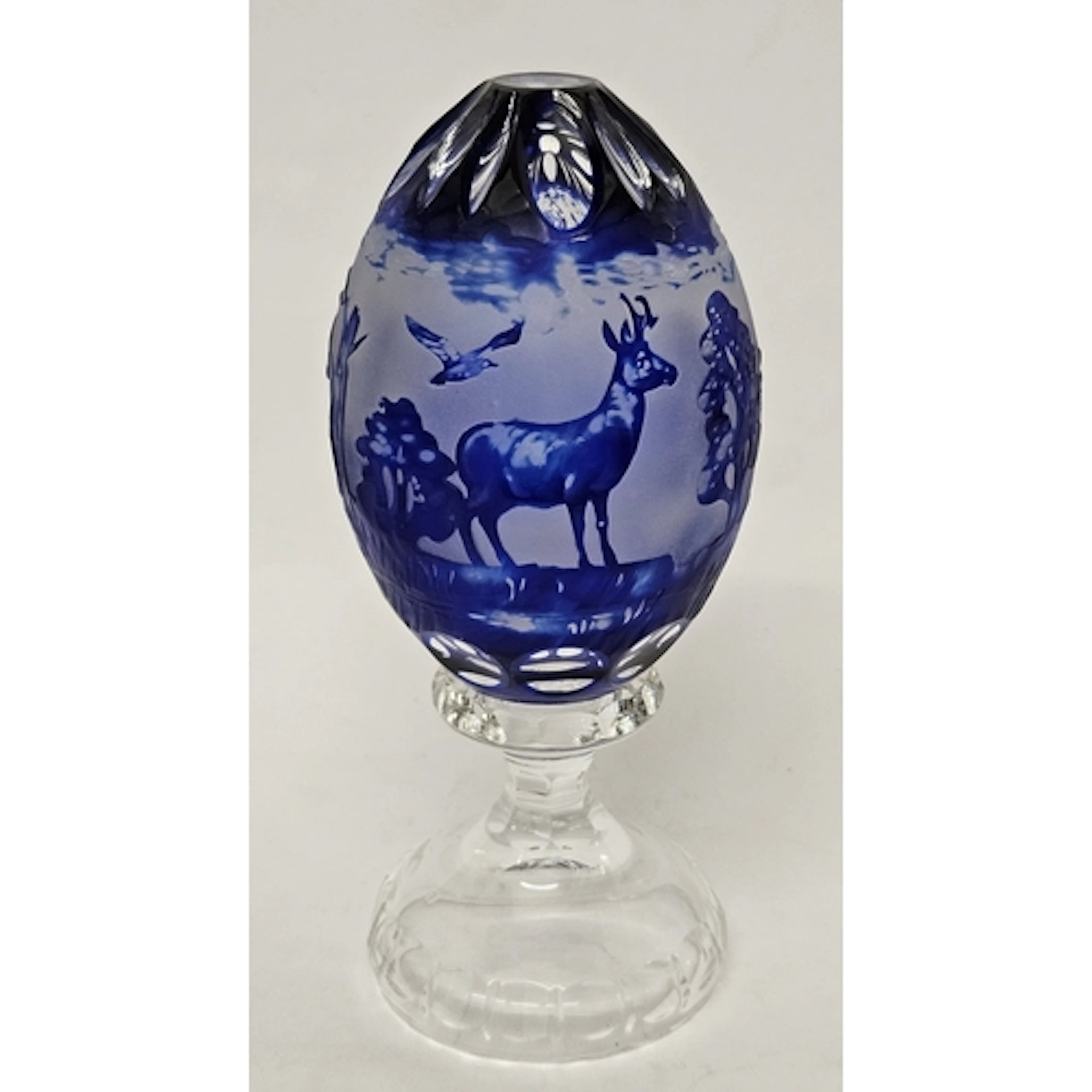 Bohemian Cobalt Blue Cut to Clear Ovoid Footed Sculpture dec...