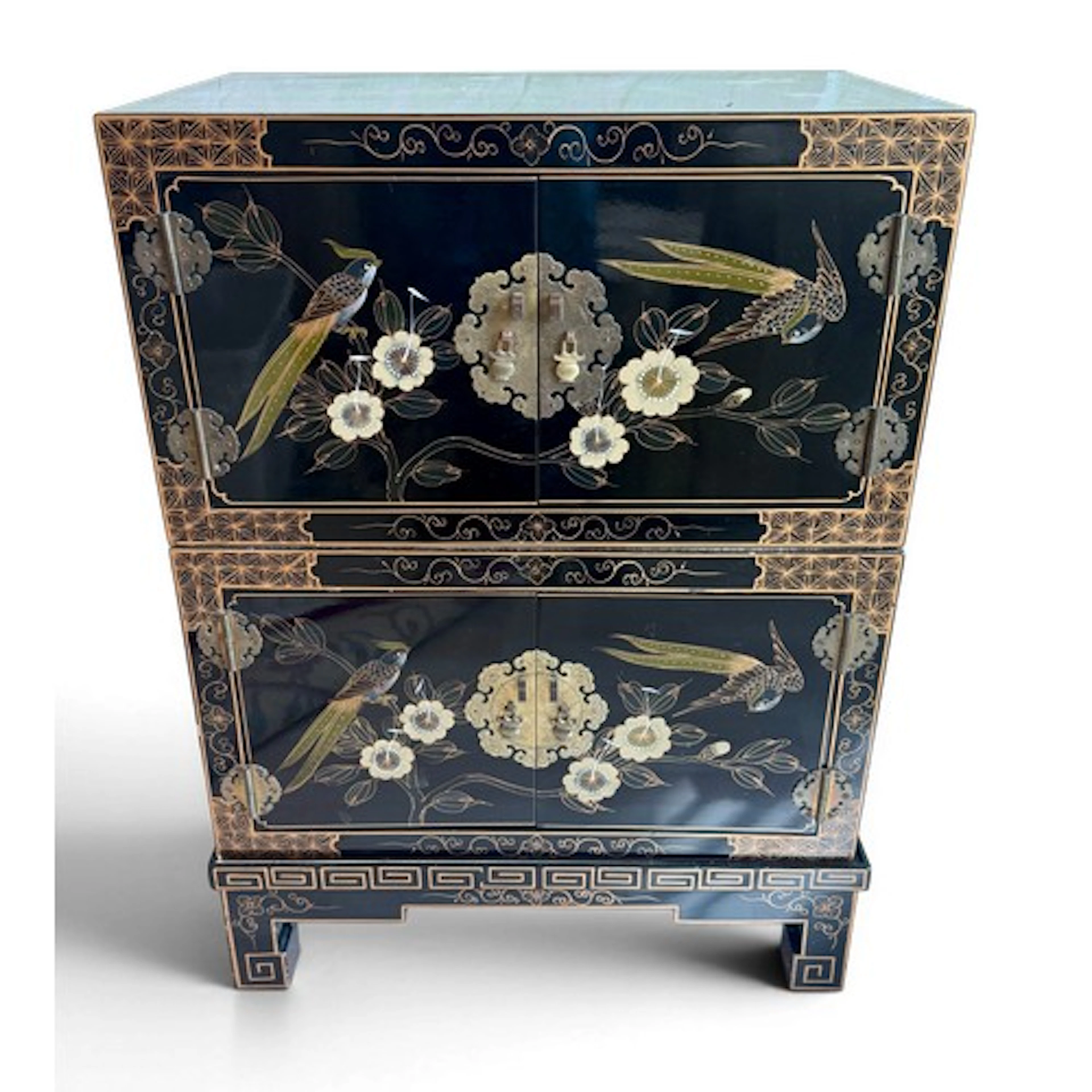 A Chinese black lacquer cabinet with brass fittings. 55cm w ...