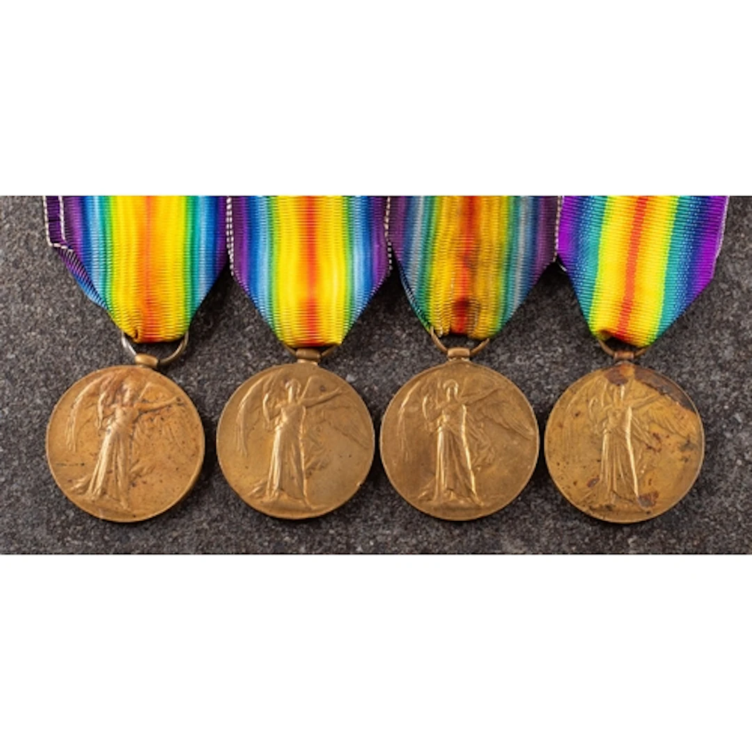 Four George V Victory Medals '11011 Pte W Hannah W RTD R' W...