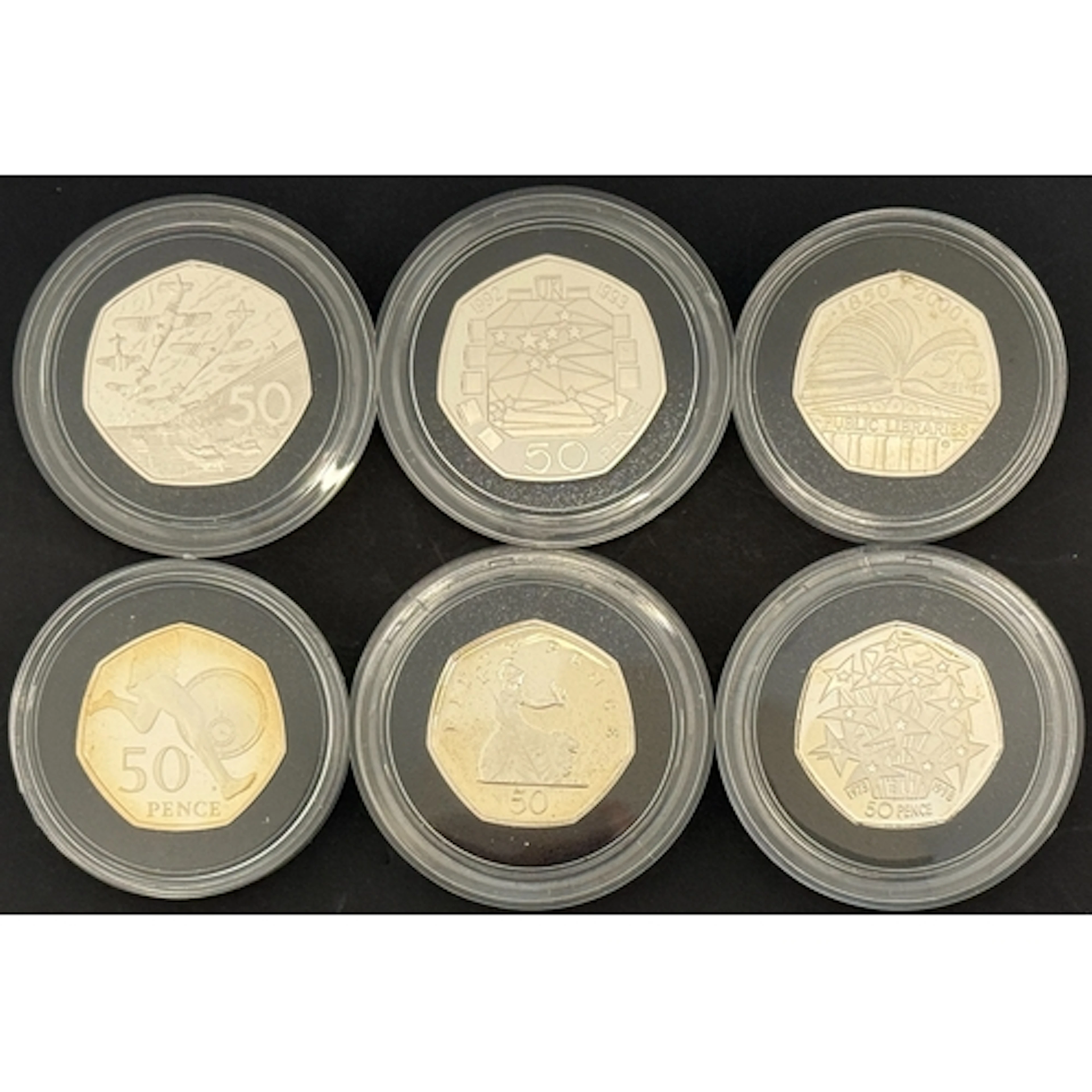 A group of six UK QEII 50p silver proof Piedfort coins, comp...