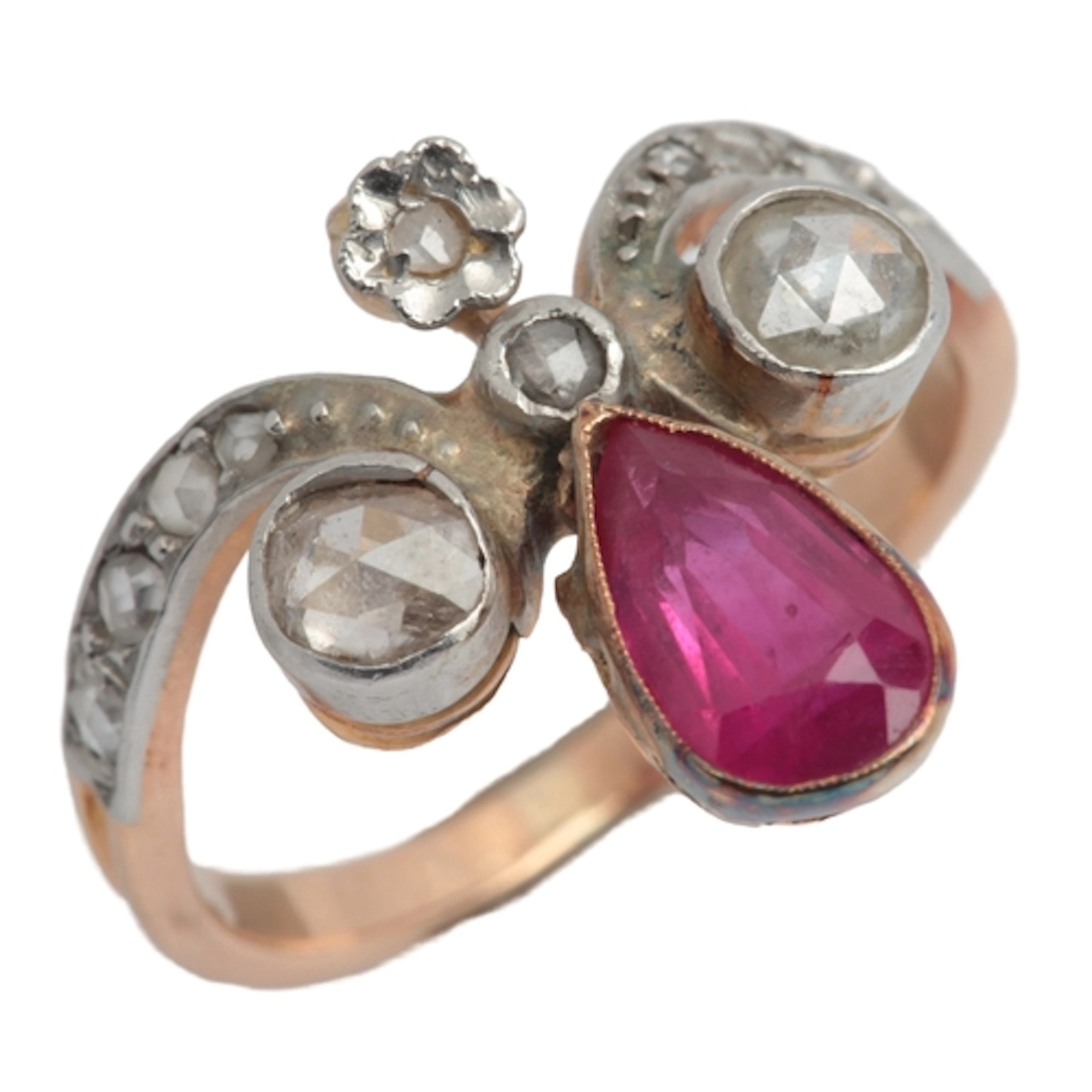 A synthetic ruby and diamond ring, early 20th century, of fl...