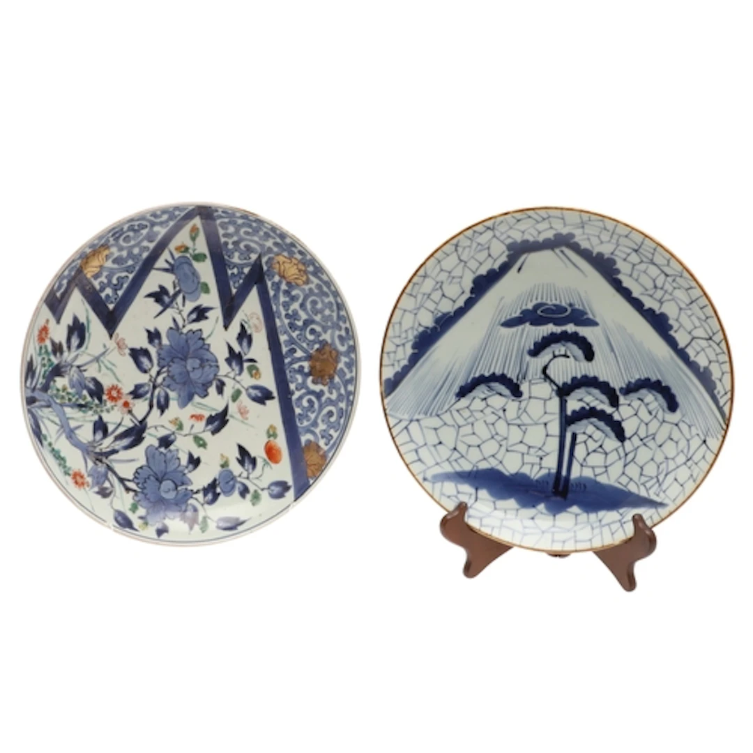 LARGE JAPANESE PORCELAIN DISHES. Including a large blue and ...