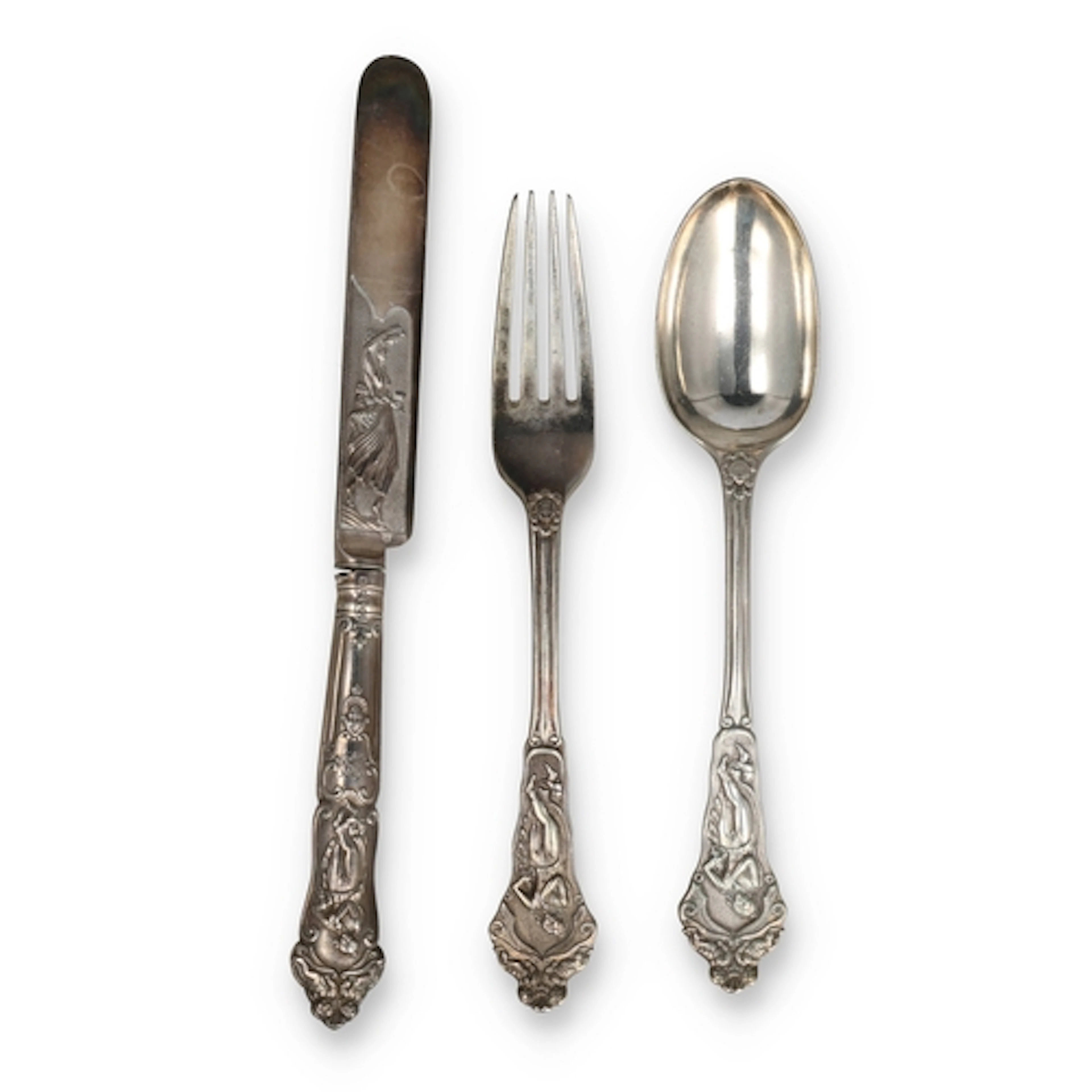 AN ART NOUVEAU CUTLERY SET COMPRISING KNIFE, FORK AND SPOON ...