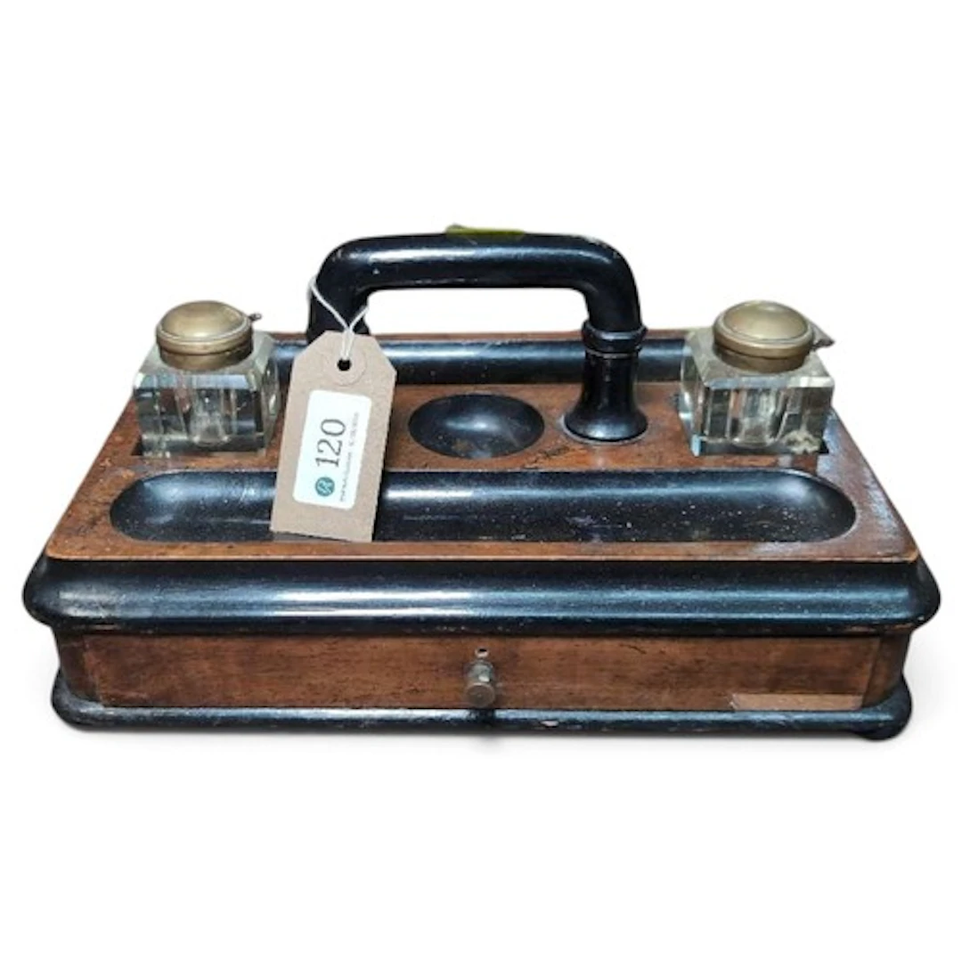 Early C.20 writing box with two glass and brass ink wells, a...