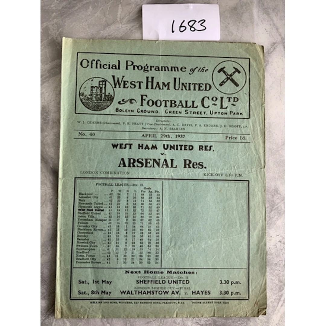 36/37 West Ham v Arsenal Football Combination Programme: Goo...