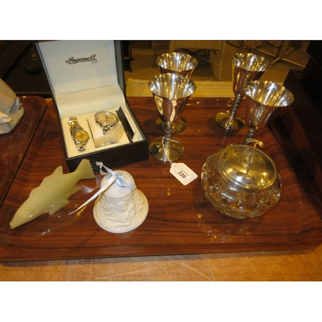 Ingersoll and Seiko Watches, 4 Goblets, Sugar Box, Carved Fi...