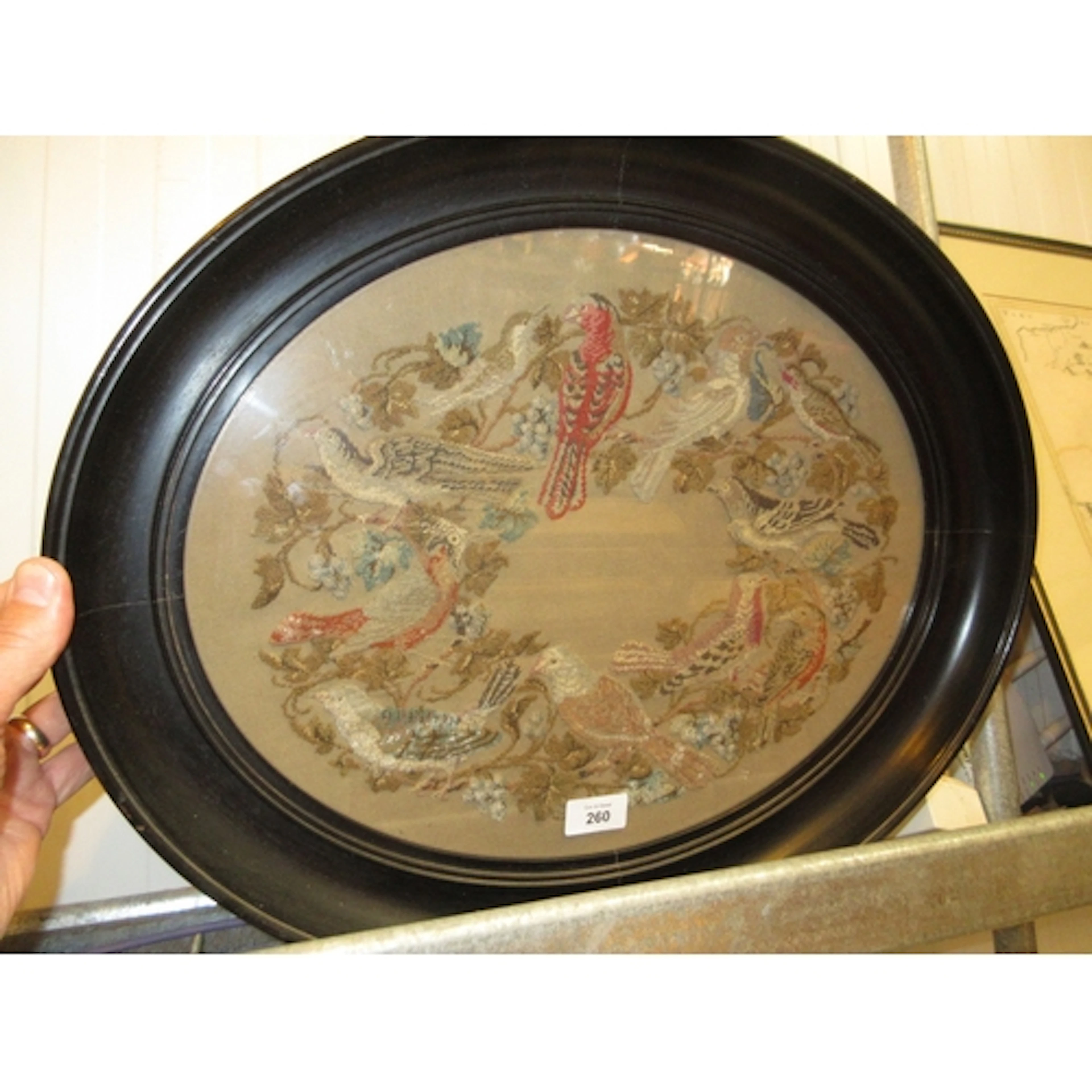 Victorian Oval Needlework Picture of Birds, 34x43cm