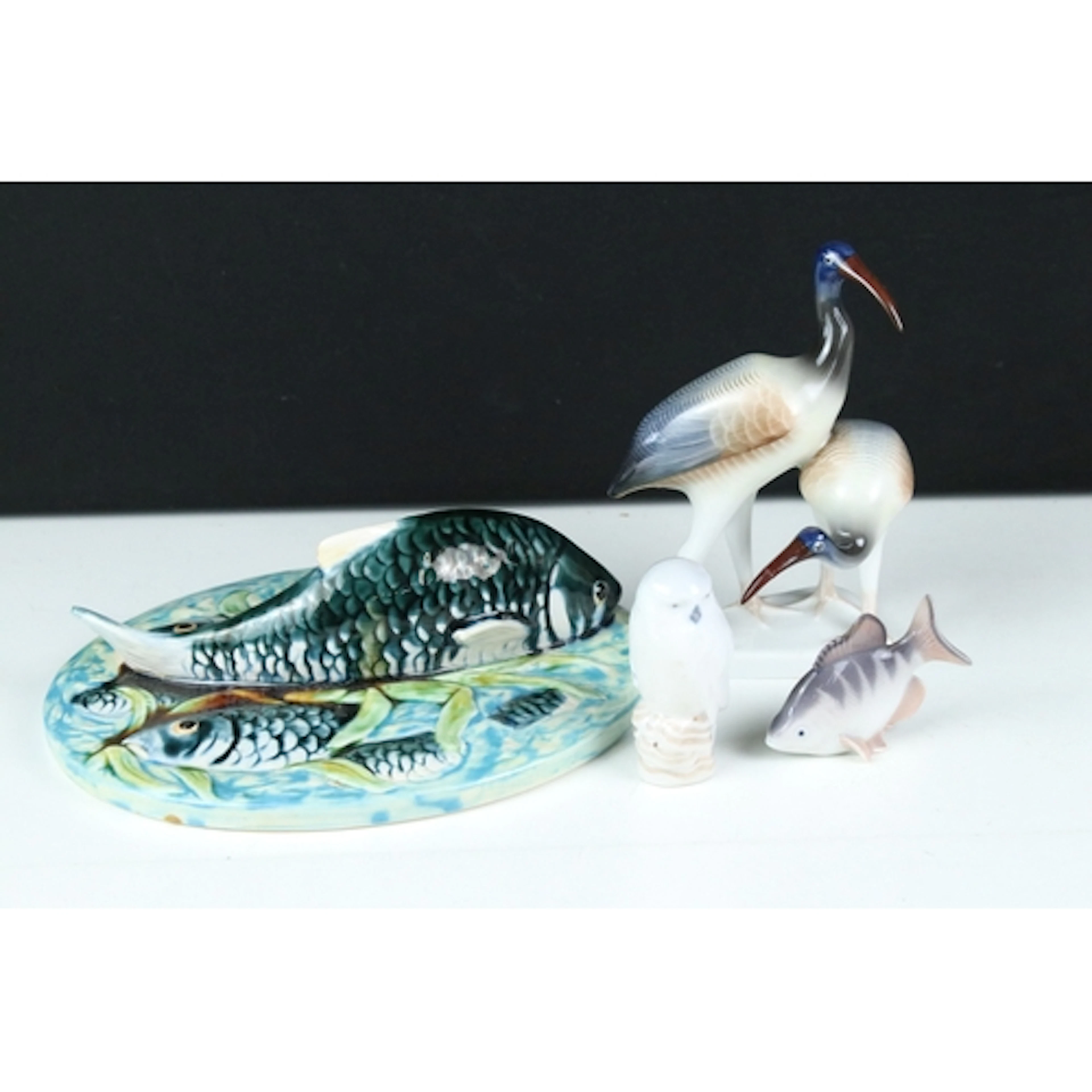 Hungarian Hollohaza figural group of two ibis birds, marked ...