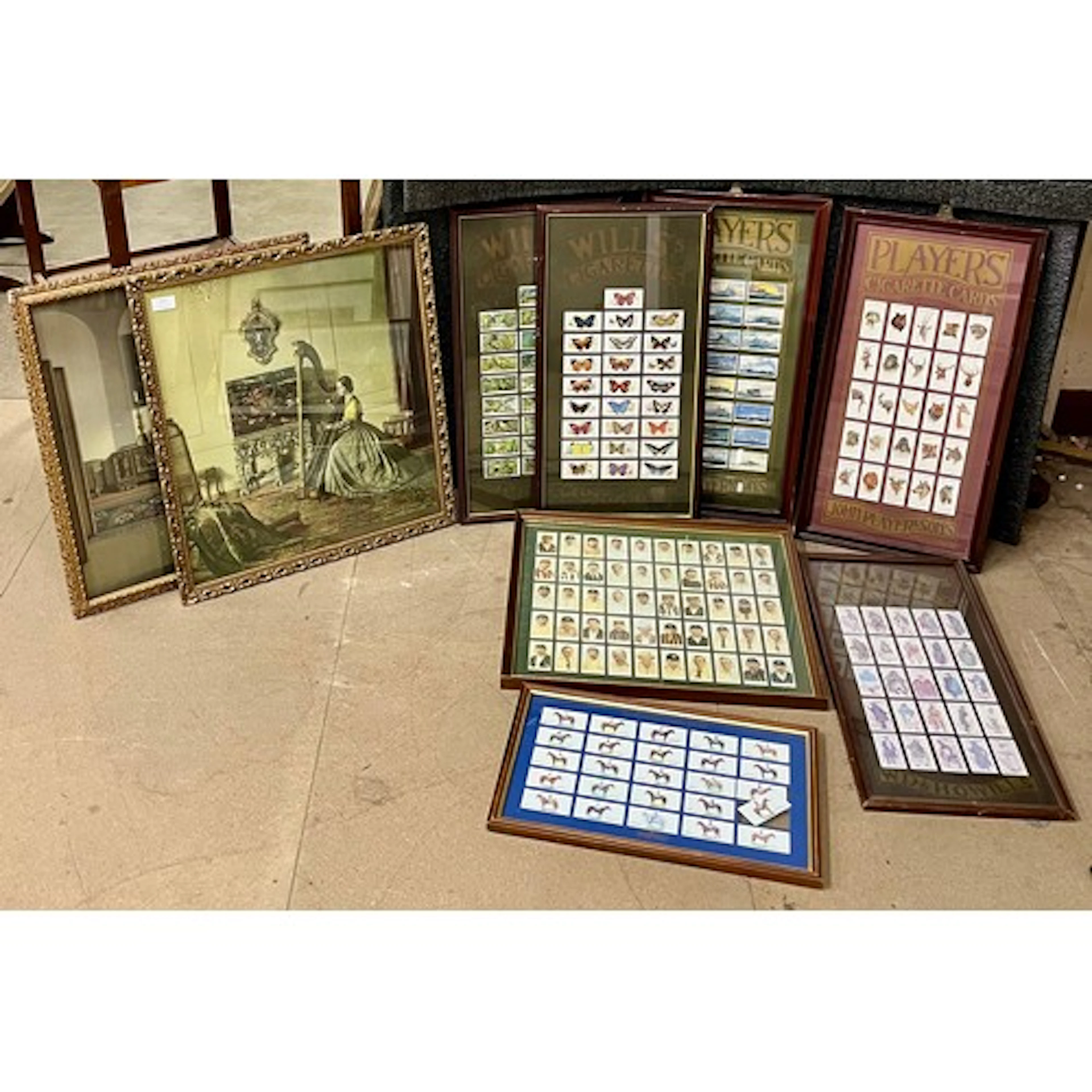 Four framed sets of cigarette cards and two prints
