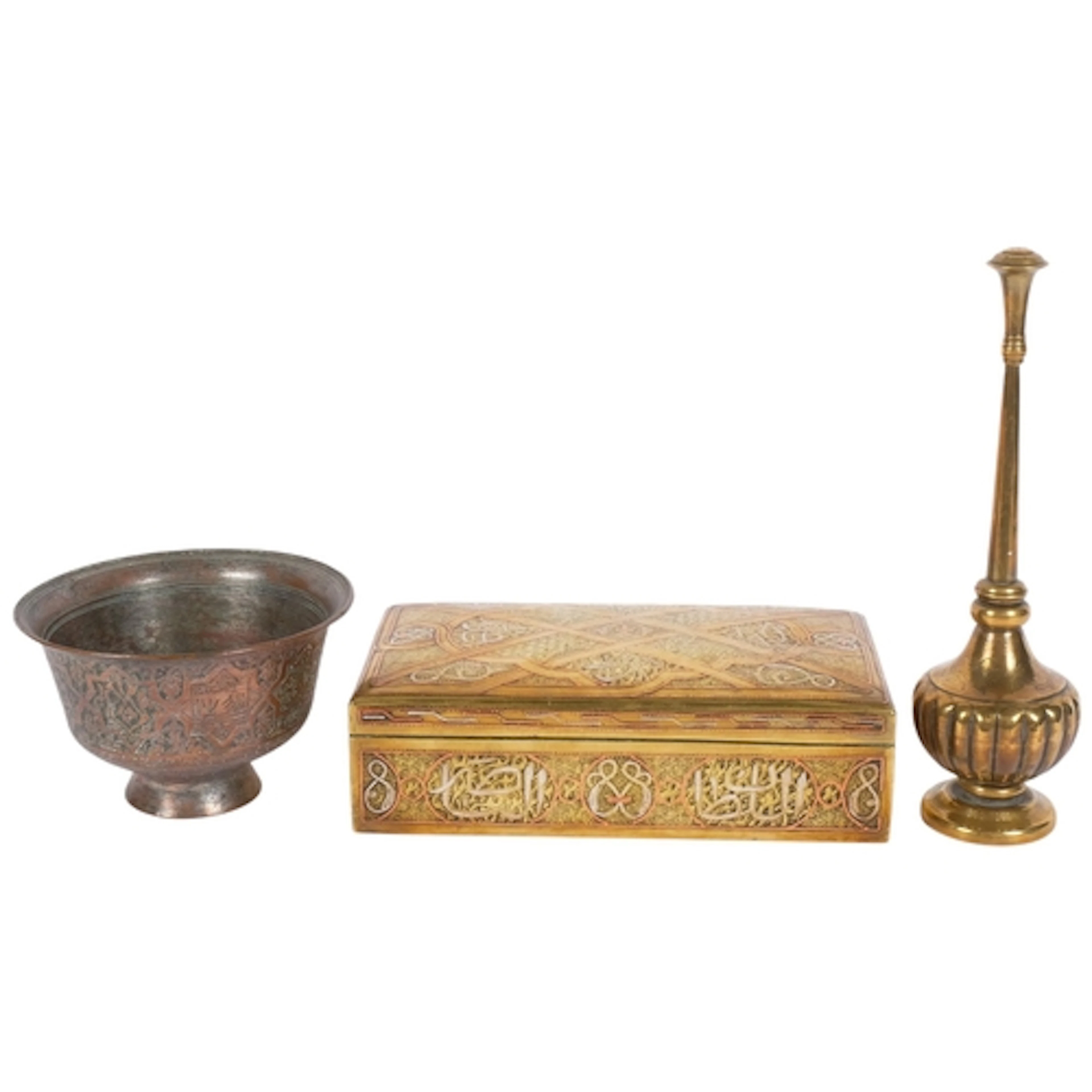 A Middle Eastern Cairoware casket, brass copper and silver i...