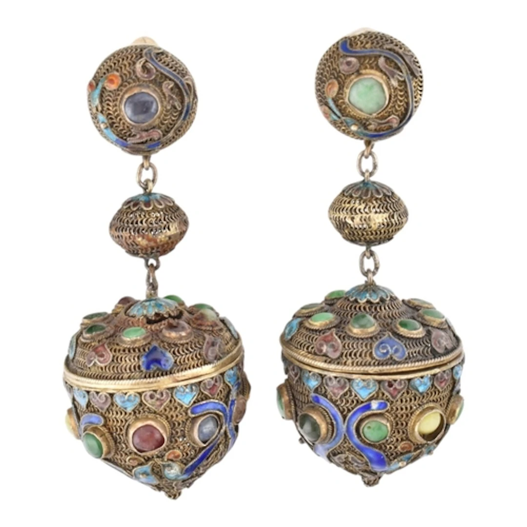 A pair of Chinese lantern filigree and enamel earrings. Thre...