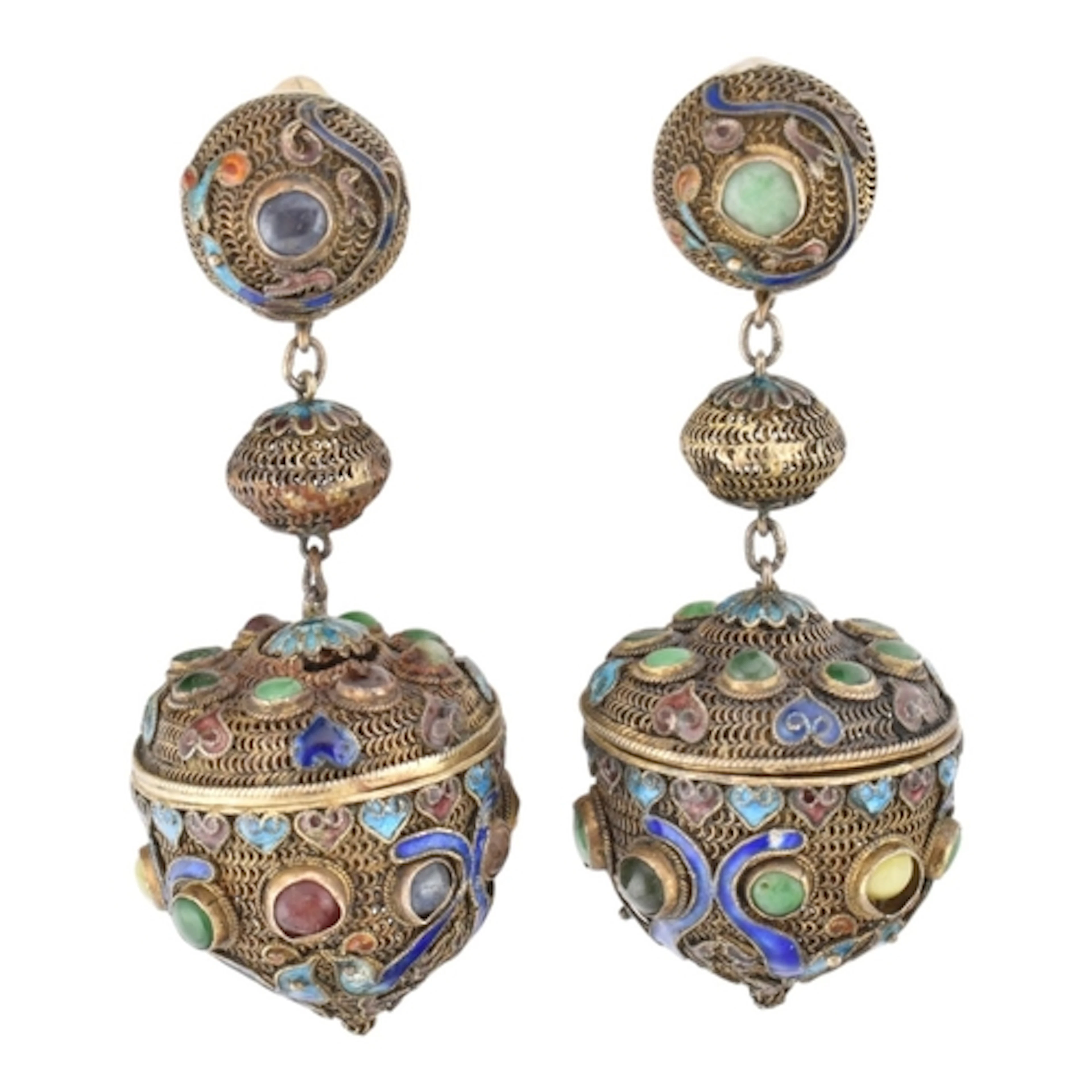 A pair of Chinese lantern filigree and enamel earrings. Thre...