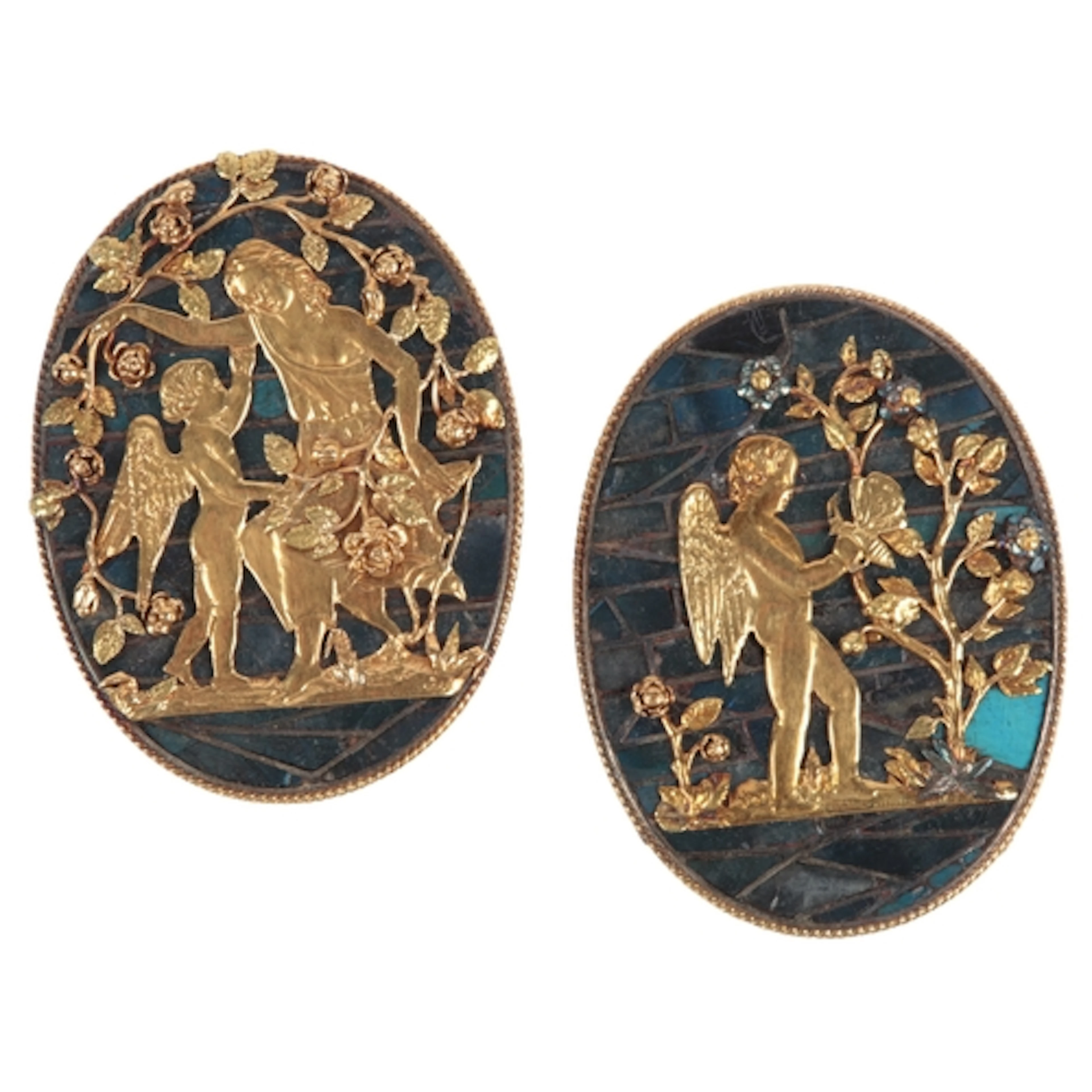 An unusual pair of gold and labradorite panels, circa 1900, ...