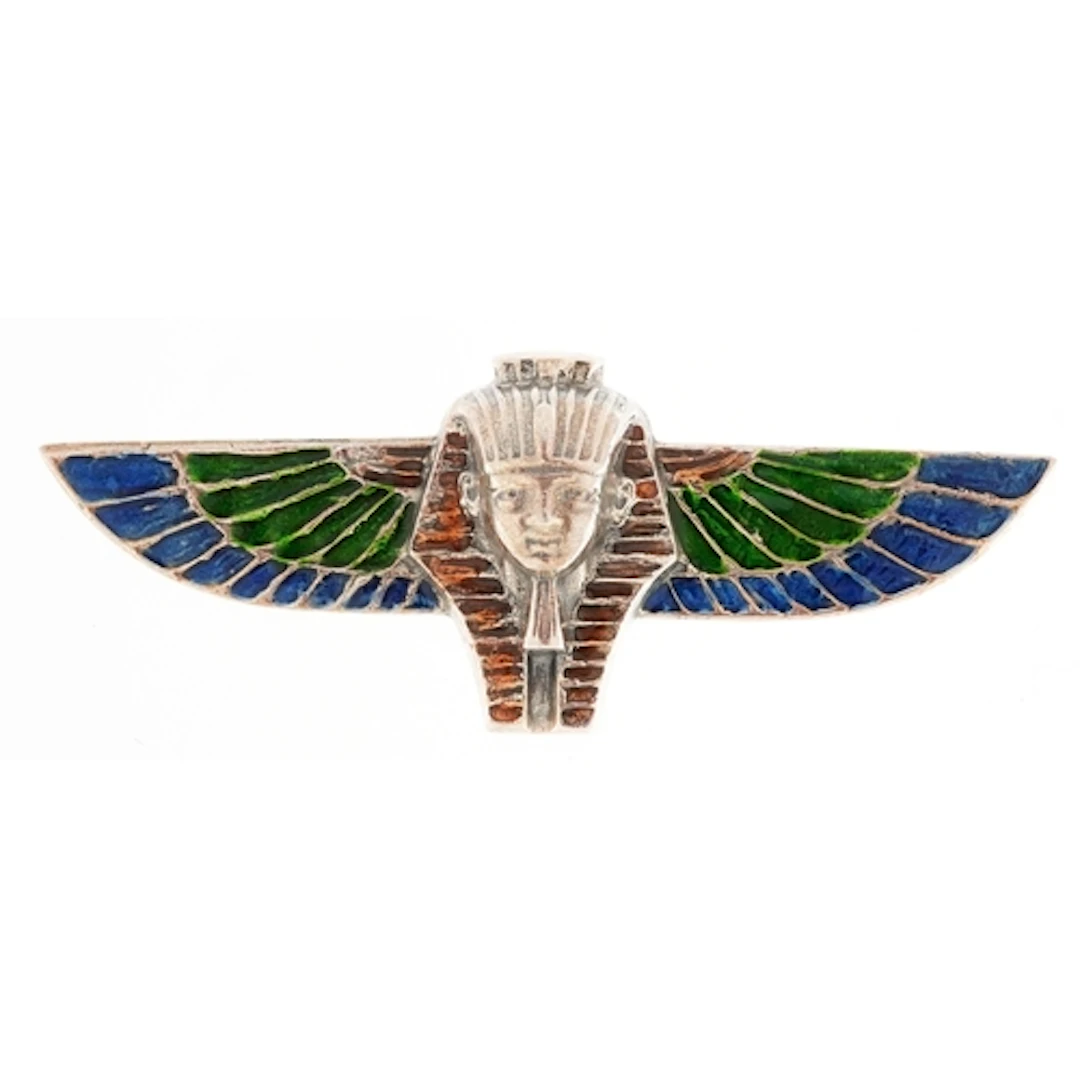Egyptian Revival sterling silver and enamel brooch in the fo...