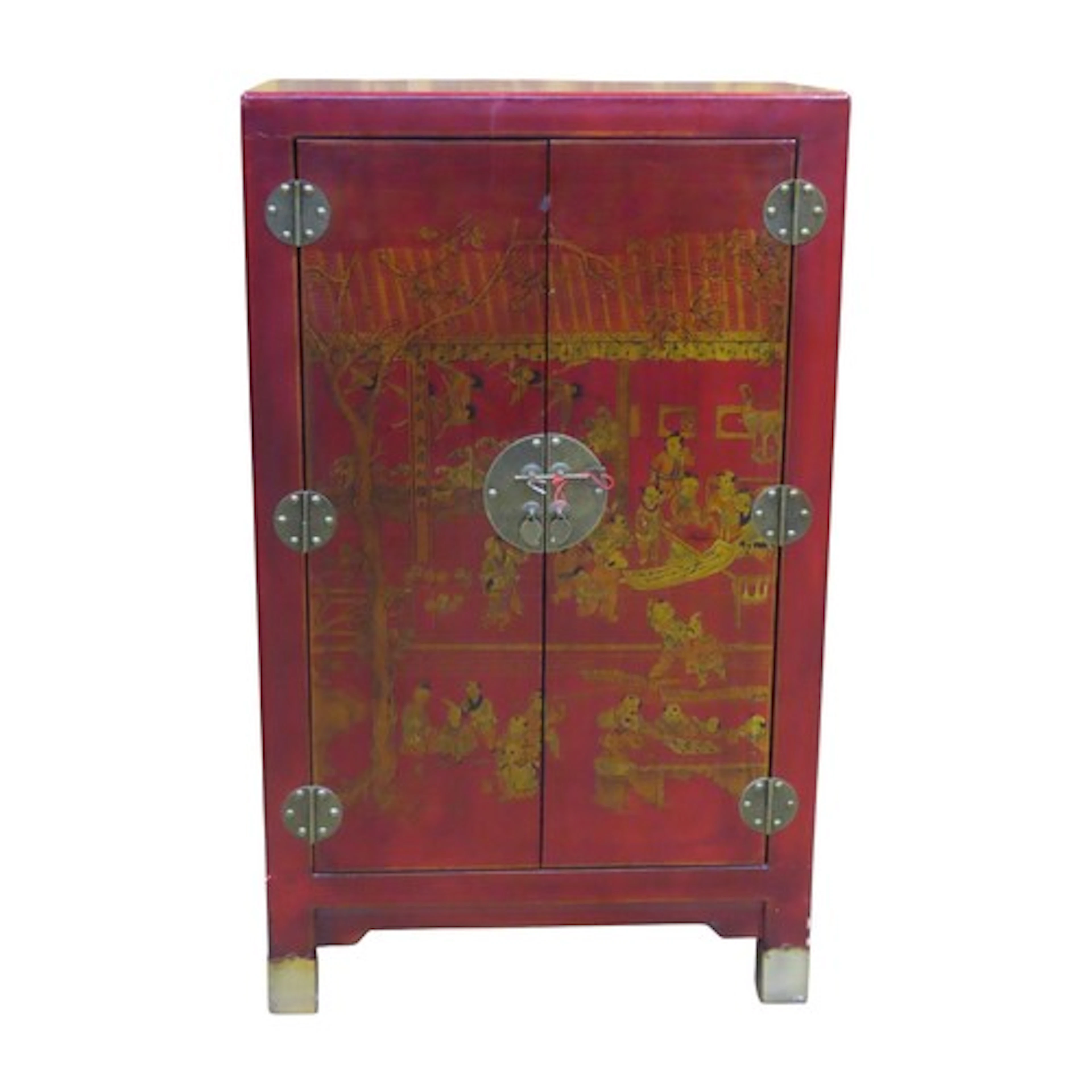 A Chinese crimson lacquered side cupboard enclosed by two d...