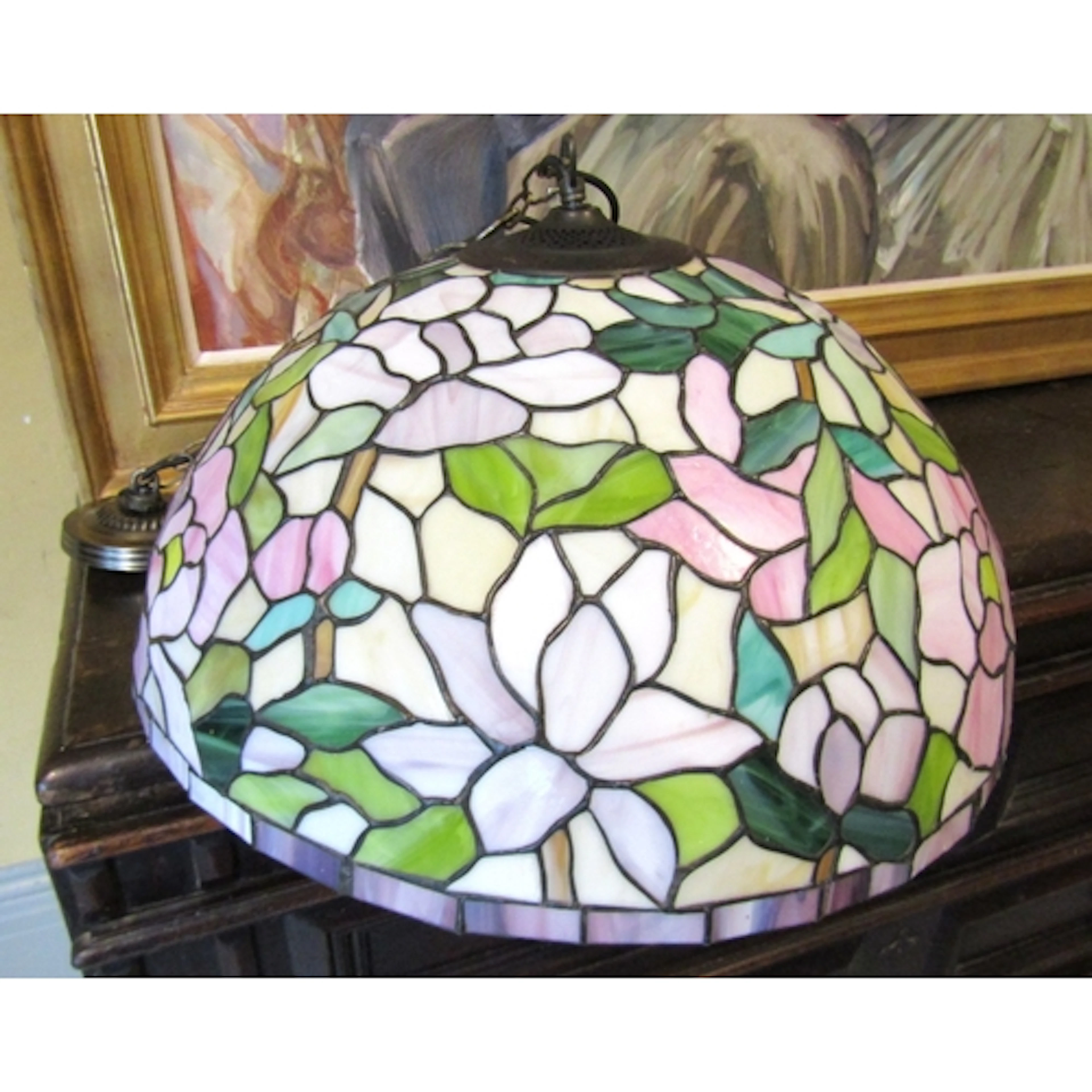 A Large Tiffany Stained Glass Ceiling Light with Original Ce...