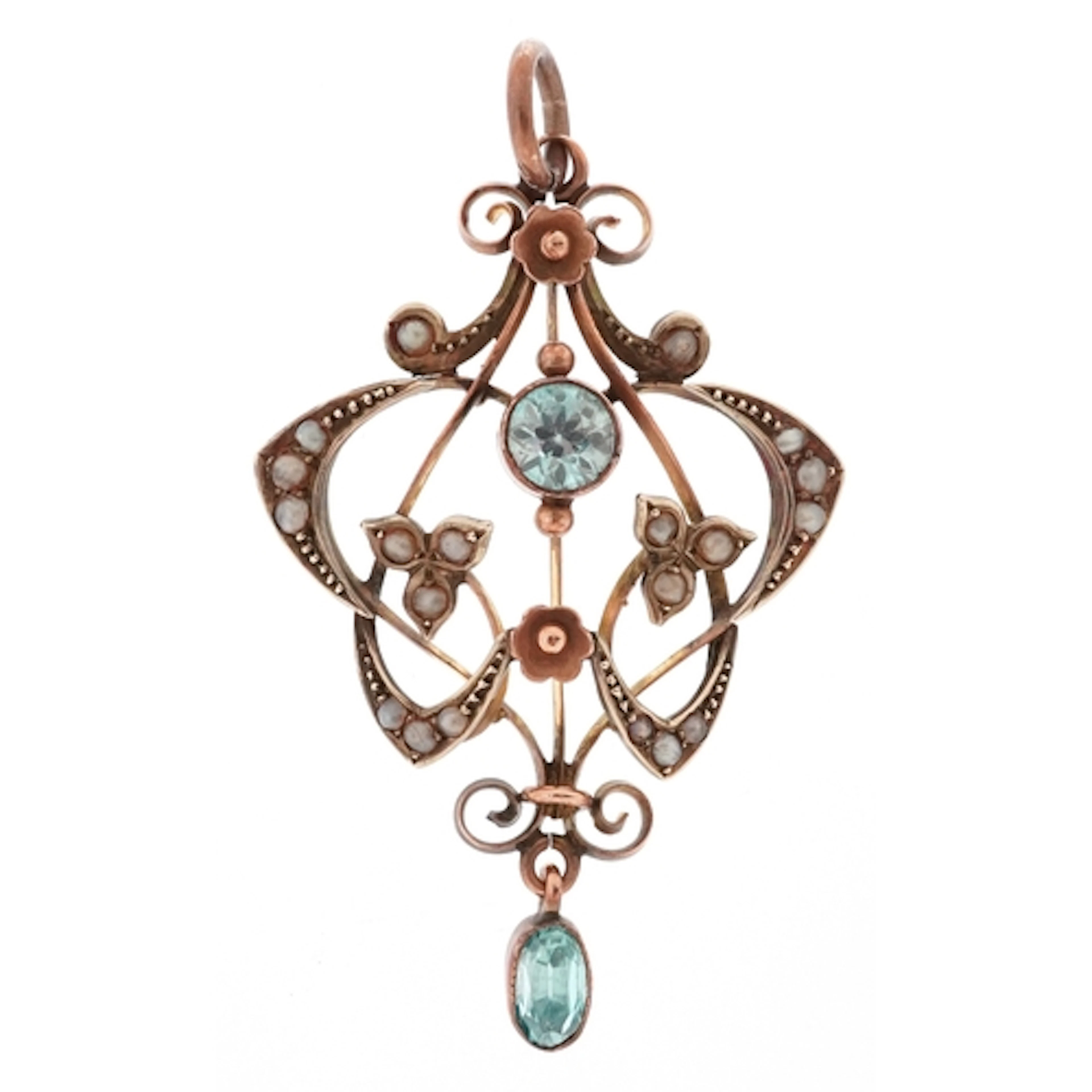 Edwardian 9ct gold blue topaz and seed pearl openwork pendan...