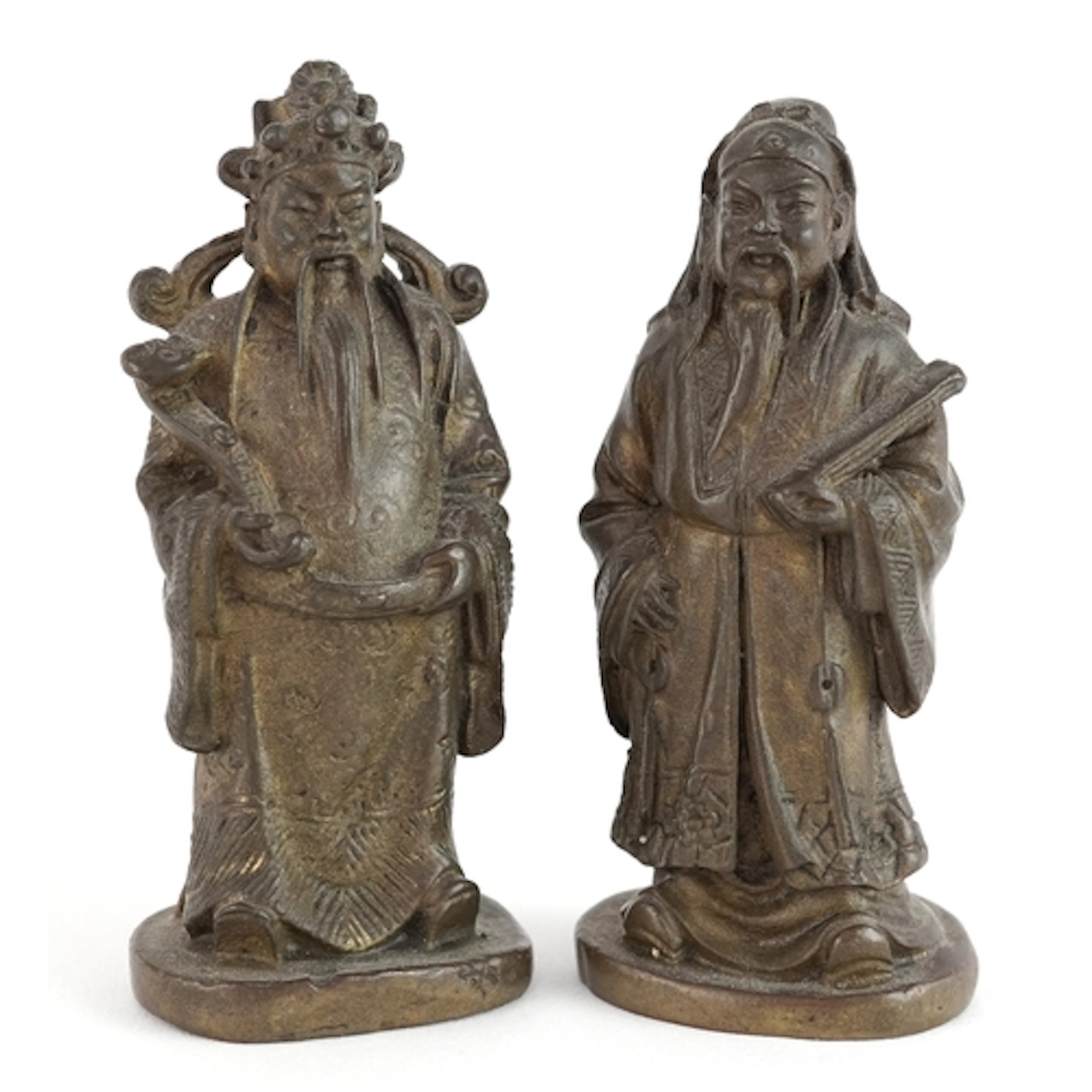 Two Chinese patinated bronze scroll weights in the form of e...