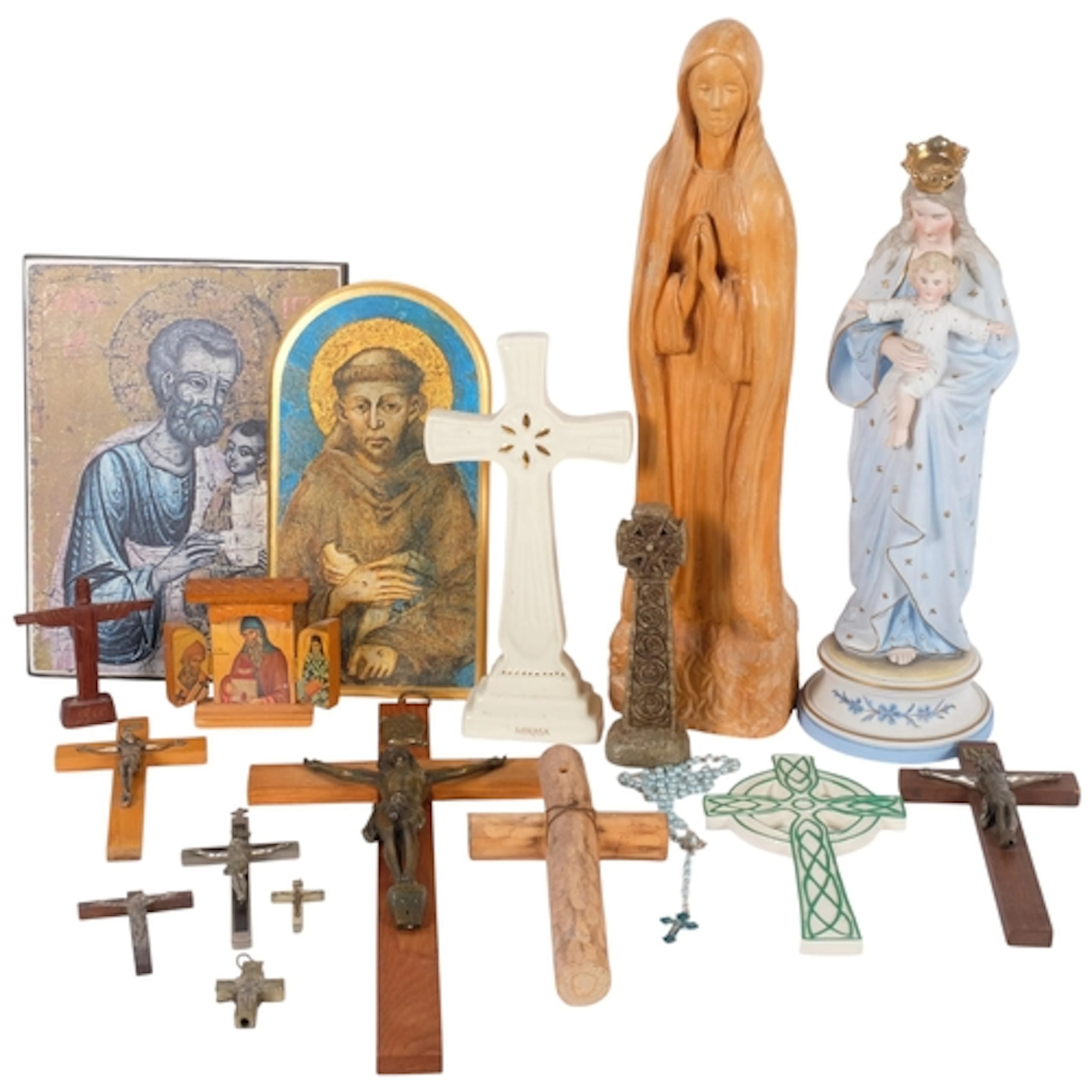 A carved wood figure of the Virgin Mary, 42cm, a bisque porc...