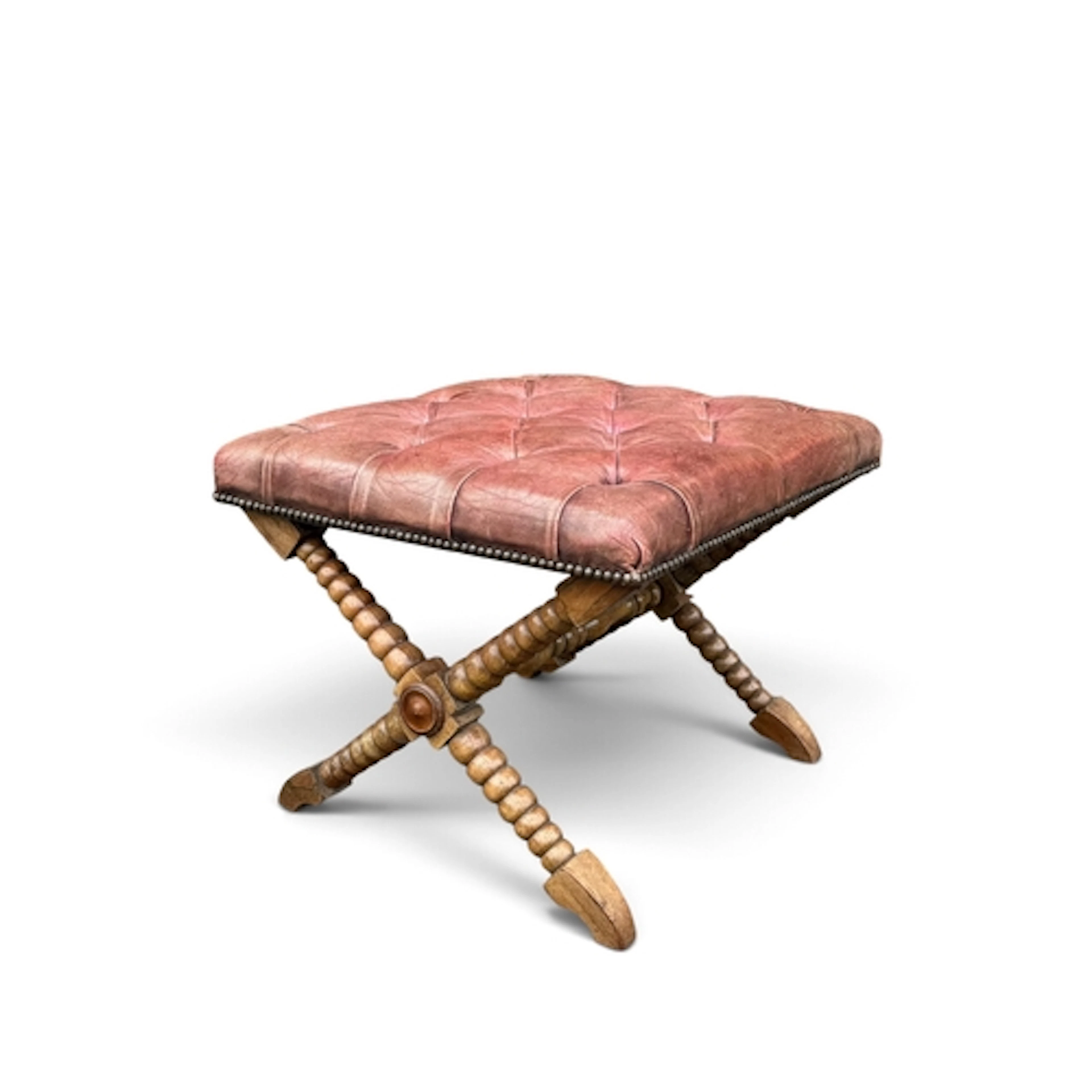A LEATHER UPHOLSTERED BOBBIN FRAME STOOL 60cm x 56cm x 45cm...