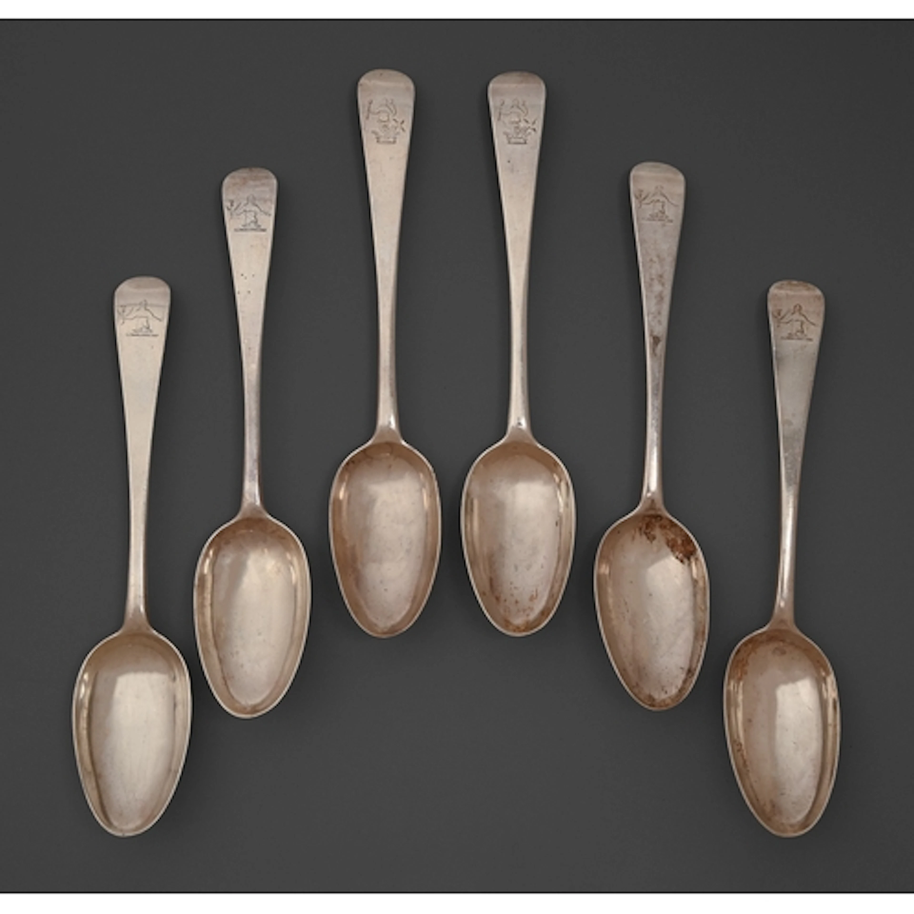 A set of six Irish George III silver tablespoons, Old Englis...