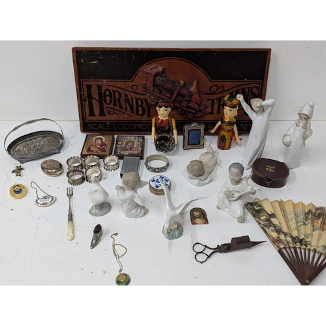 A mixed group to include a silver dish with swing handle, na...