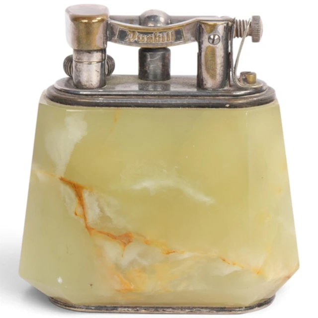A Dunhill green onyx and silver plate table lighter, height ...