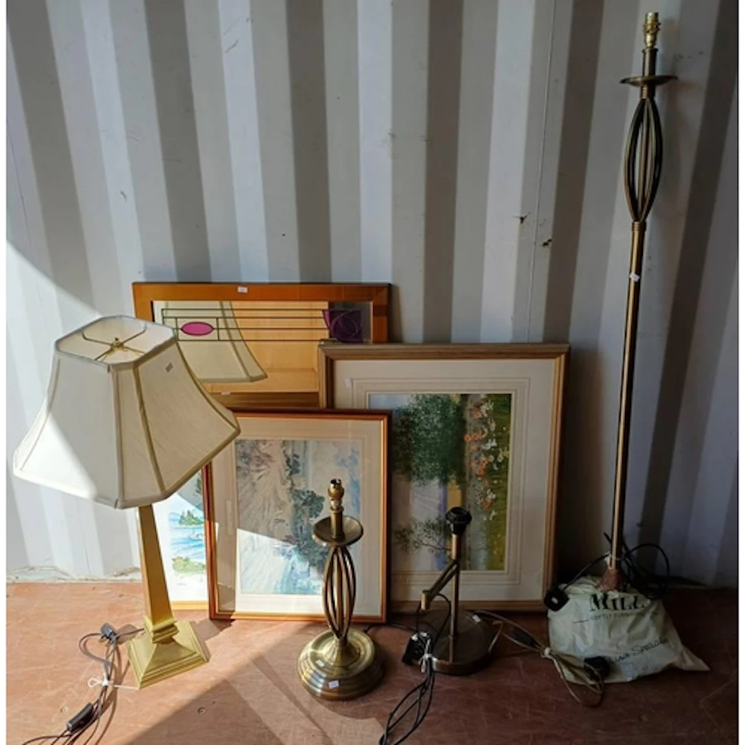 RENNIE MCINTOSH STYLE GILT FRAMED MIRROR, 3 TABLE LAMPS, 3 F...