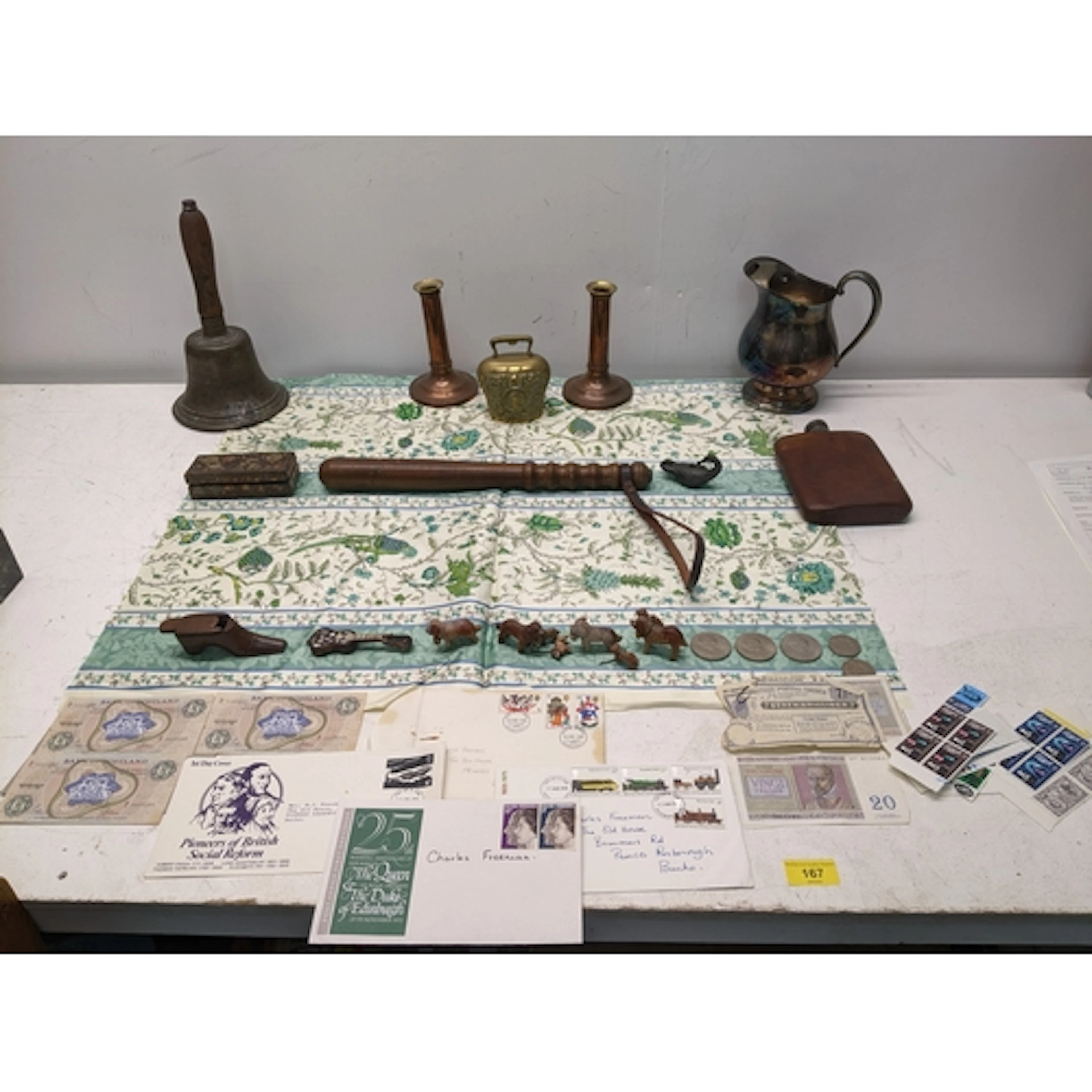 A mixed lot to include a Georgian wooden snuff shoe with bra...