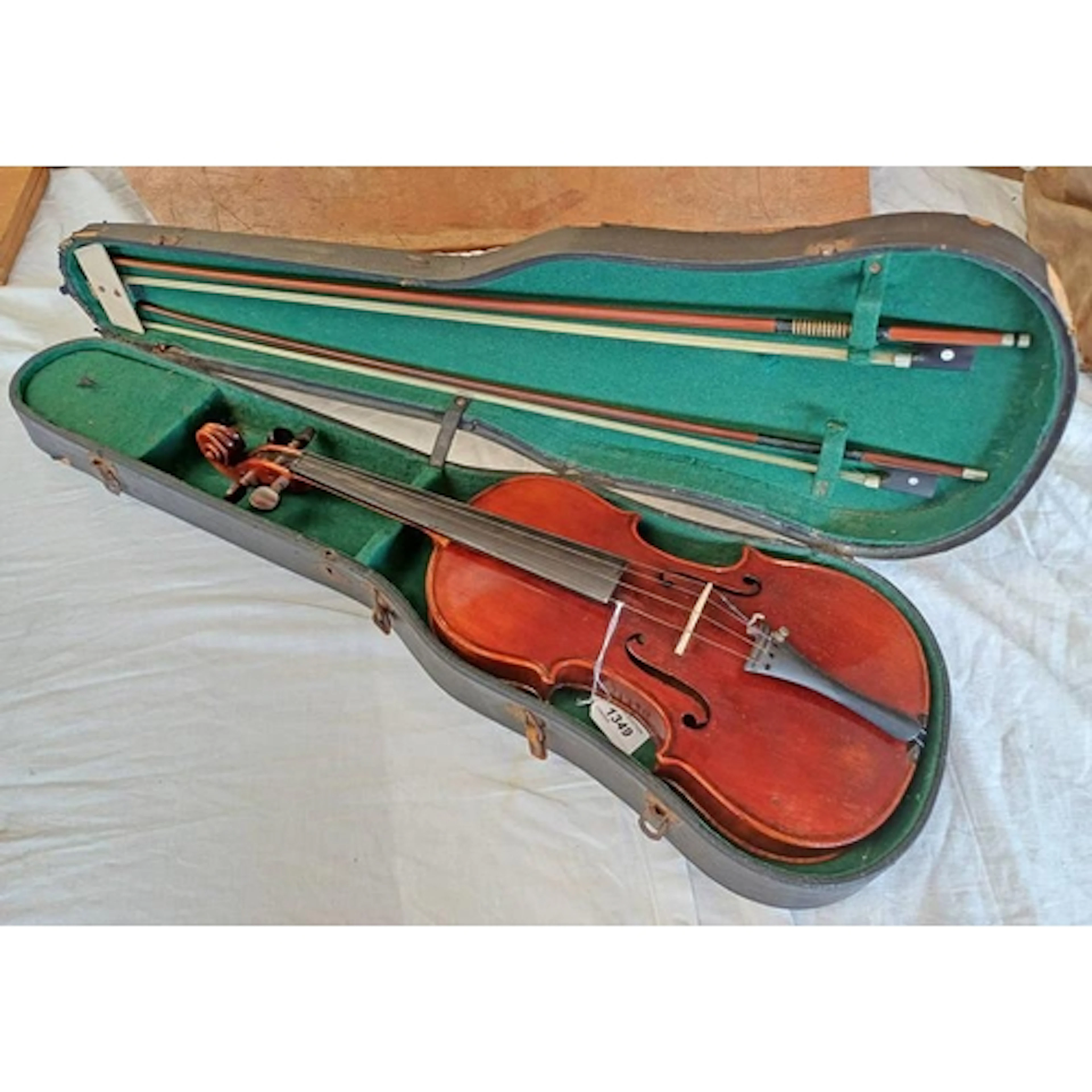 VIOLIN WITH 35.5CM LONG 2 PIECE BACK, LABEL TO INTERIOR READ...