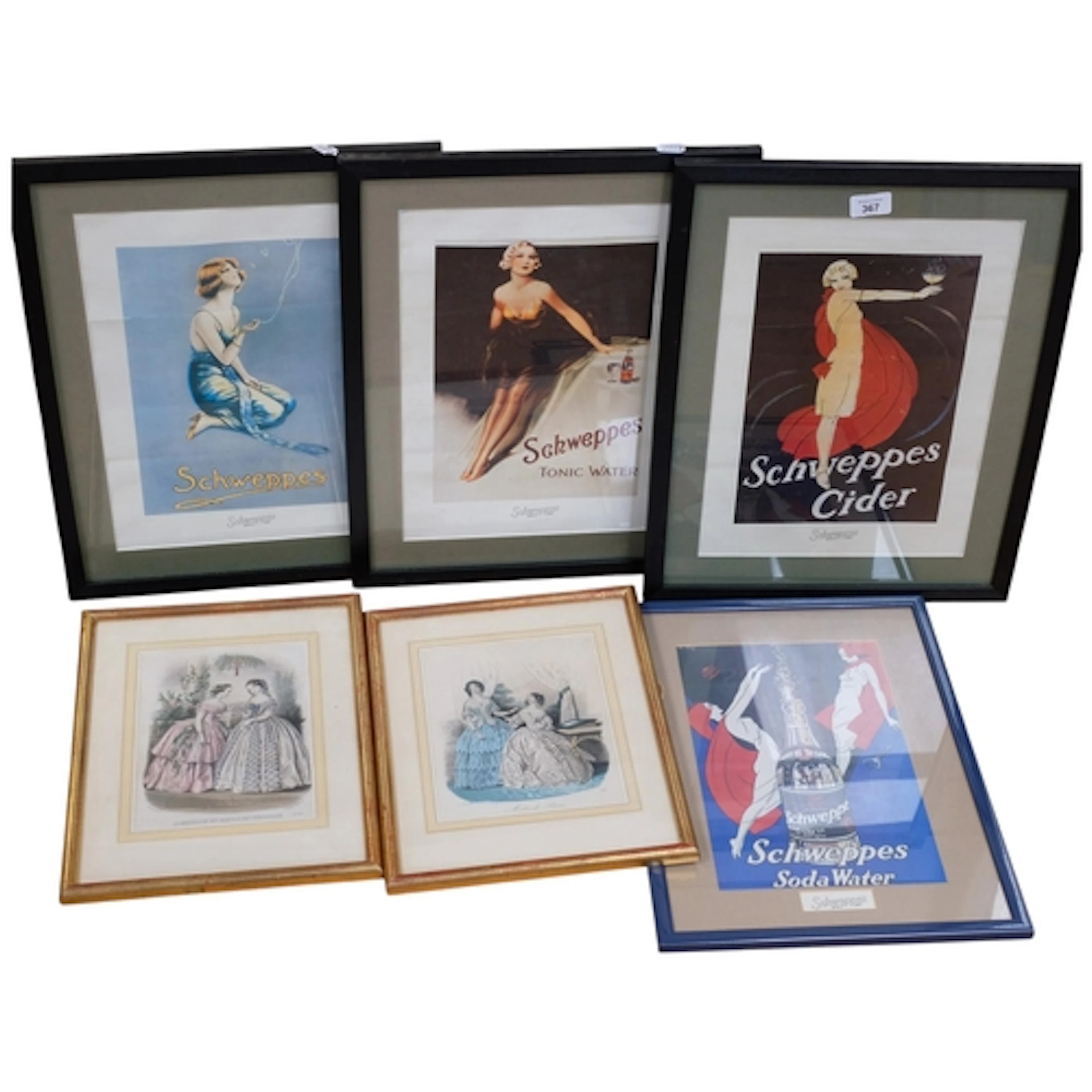 4 modern framed Schweppes advertising posters, and a pair of...
