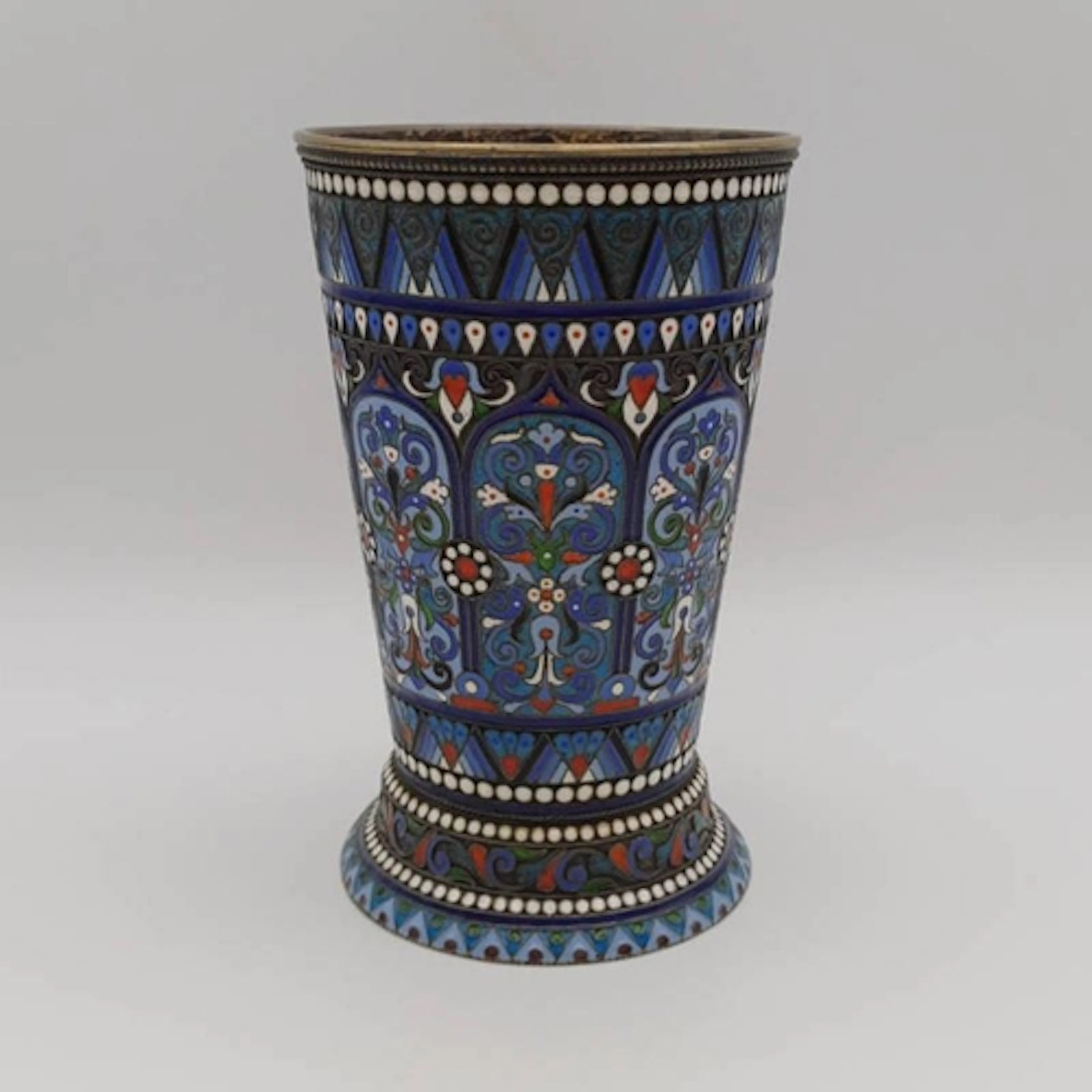 19TH CENTURY RUSSIAN SILVER & ENAMEL TAPERING BEAKER DECORAT...