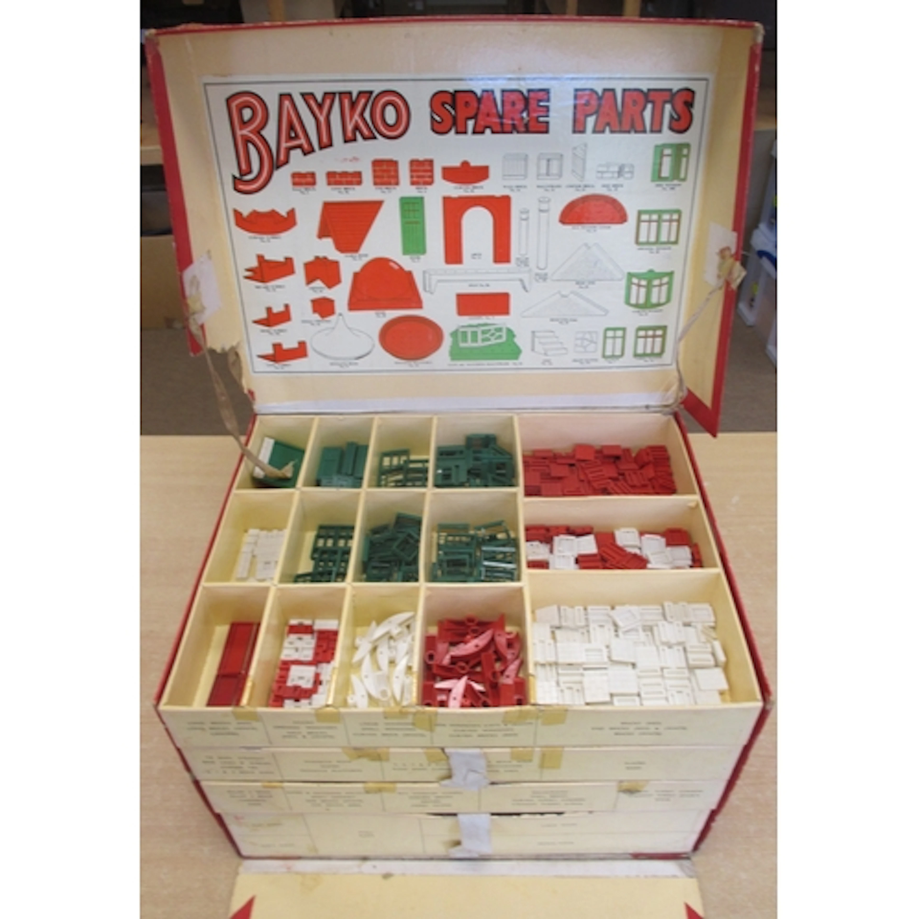 Bayko. Dealers Box Bayko Spare Parts 4 draw red card cabinet...