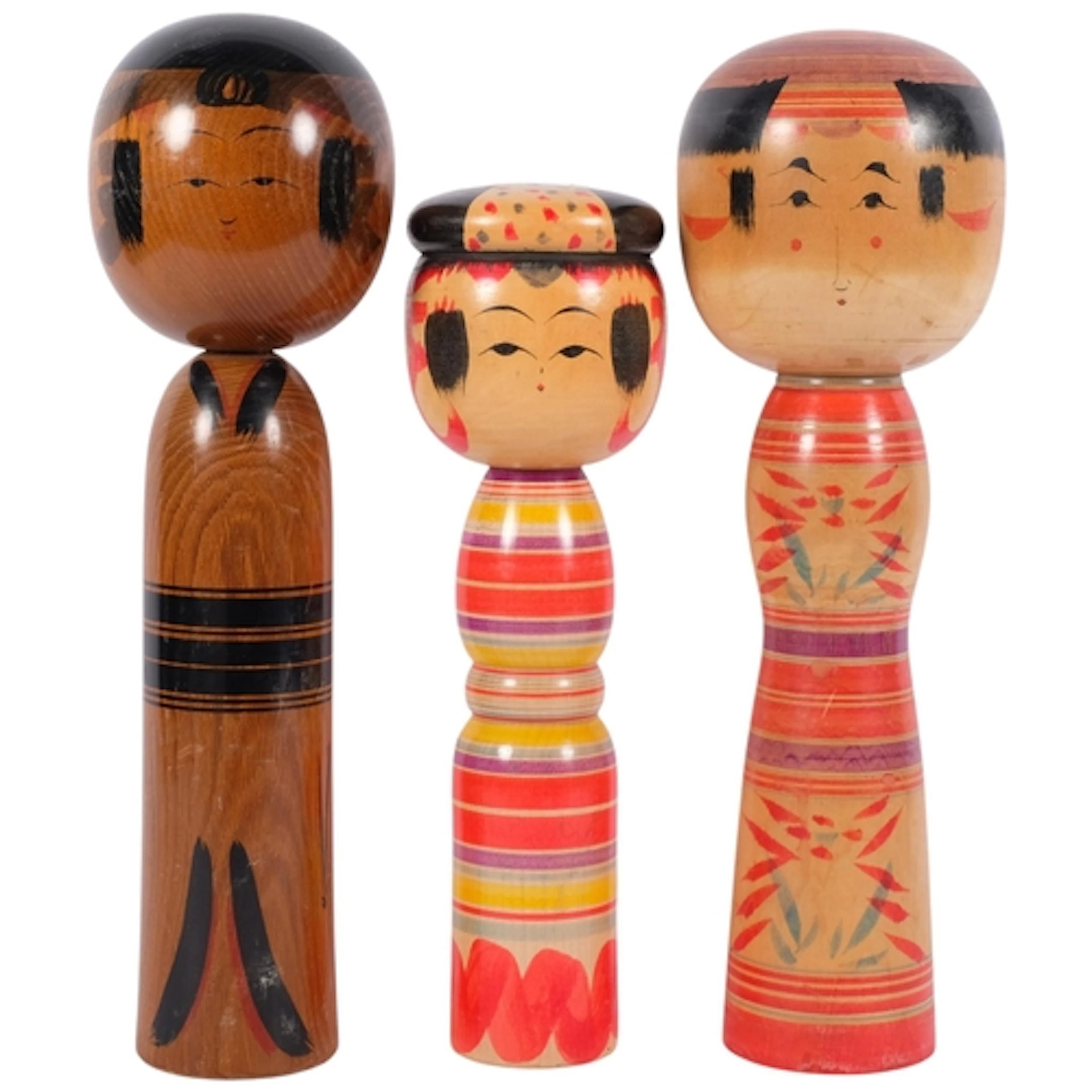3 Japanese hand-painted Kokeshi dolls, tallest H37cm