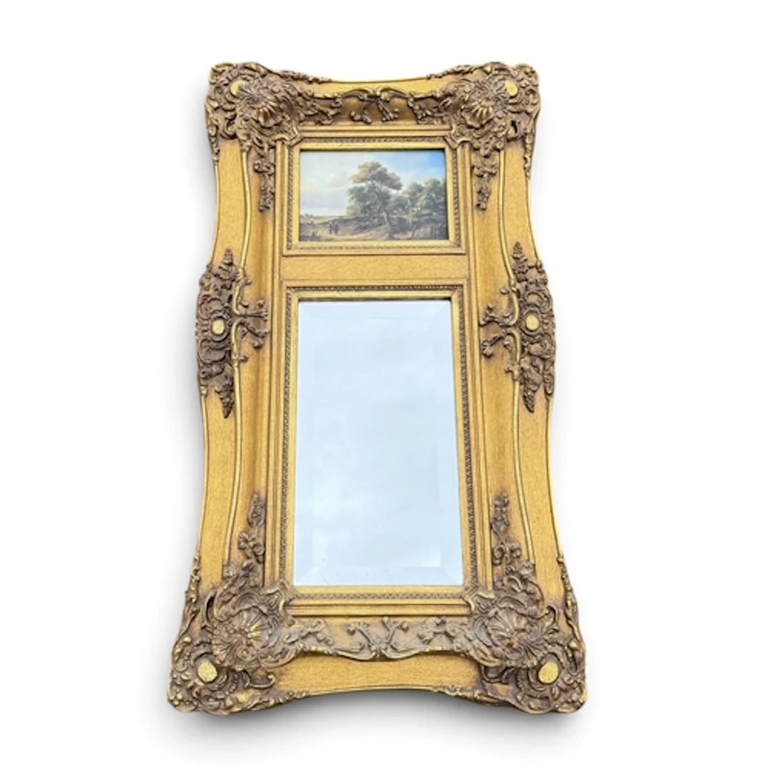 A FRENCH GILDED PIER MIRROR WITH PAINTING ABOVE 70cm x 38cm...