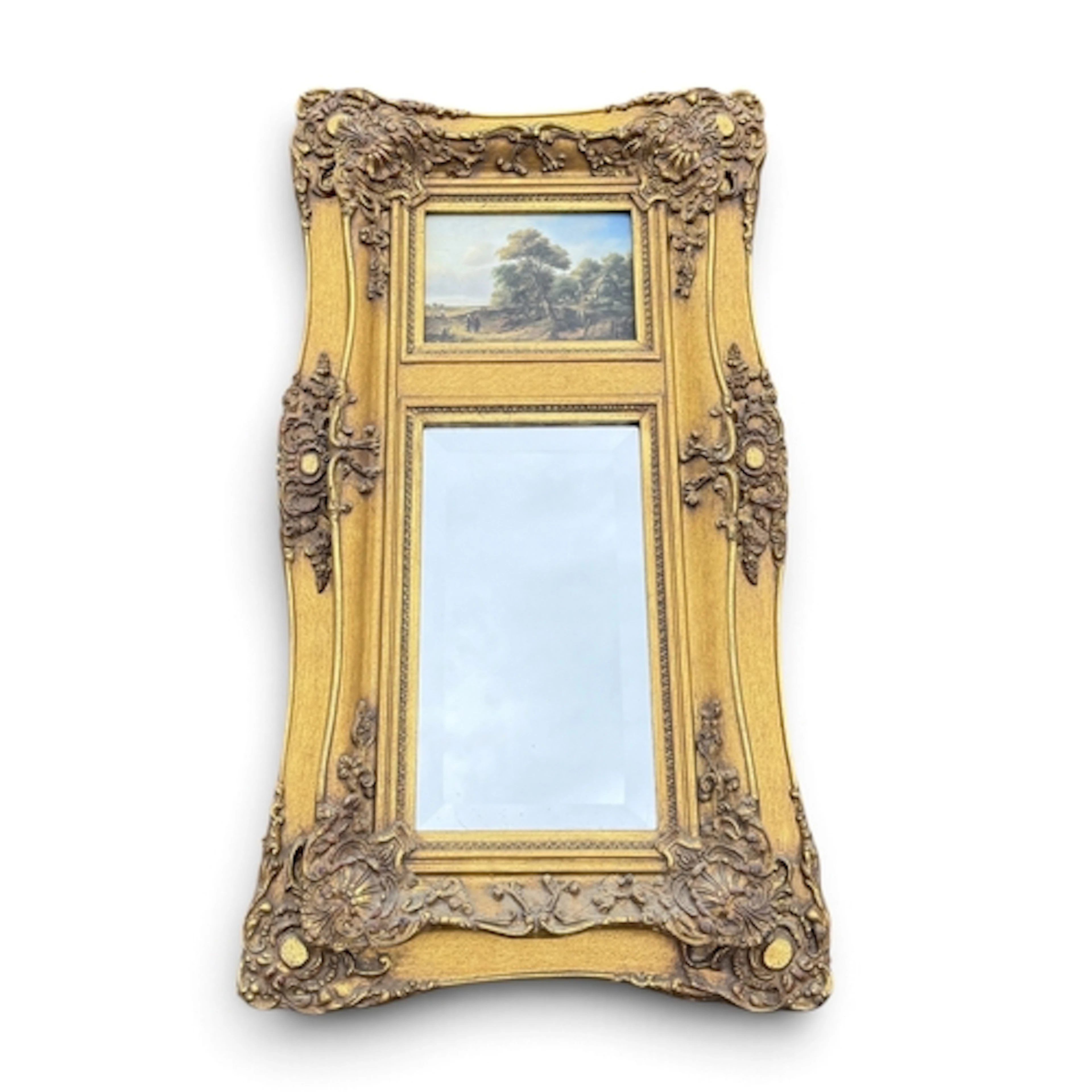 A FRENCH GILDED PIER MIRROR WITH PAINTING ABOVE 70cm x 38cm...