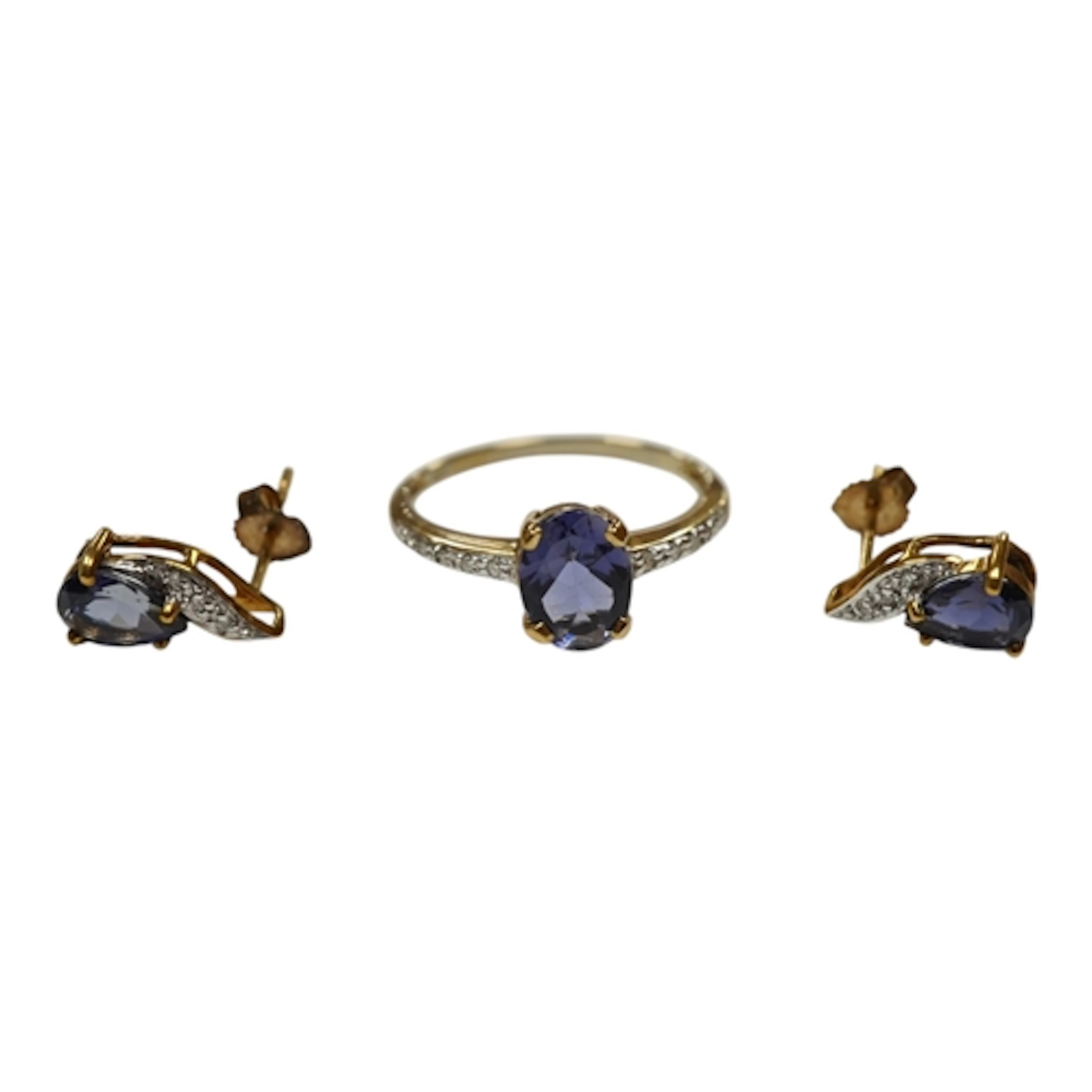 A recent 9ct gold and single stone oval cut iolite ring, wit...