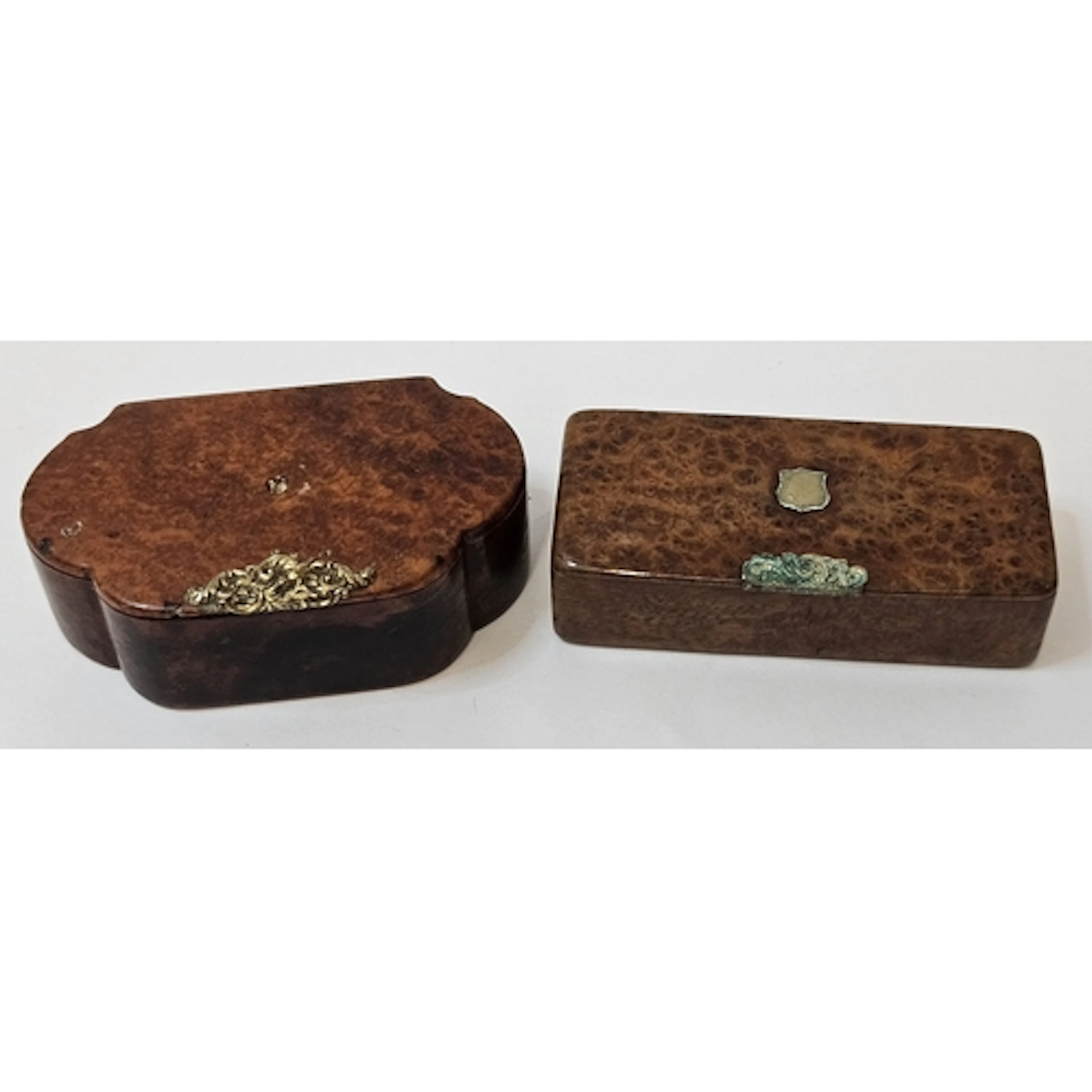 2 Antique Burr Wood Snuff/Tobacco Boxes, both with decorativ...