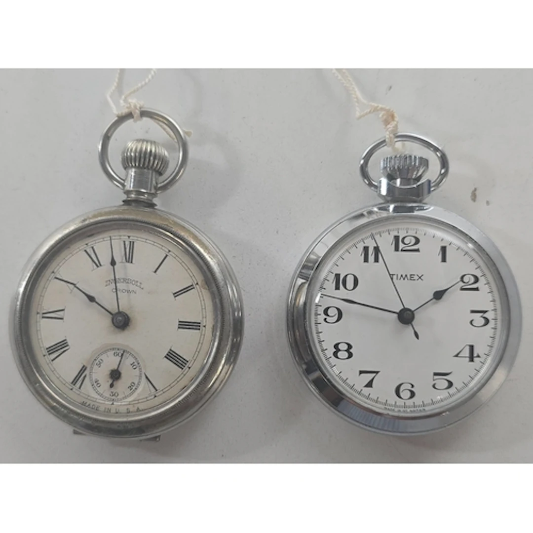 A chrome plated Timex pocket watch, GWO&C; and an Americ...