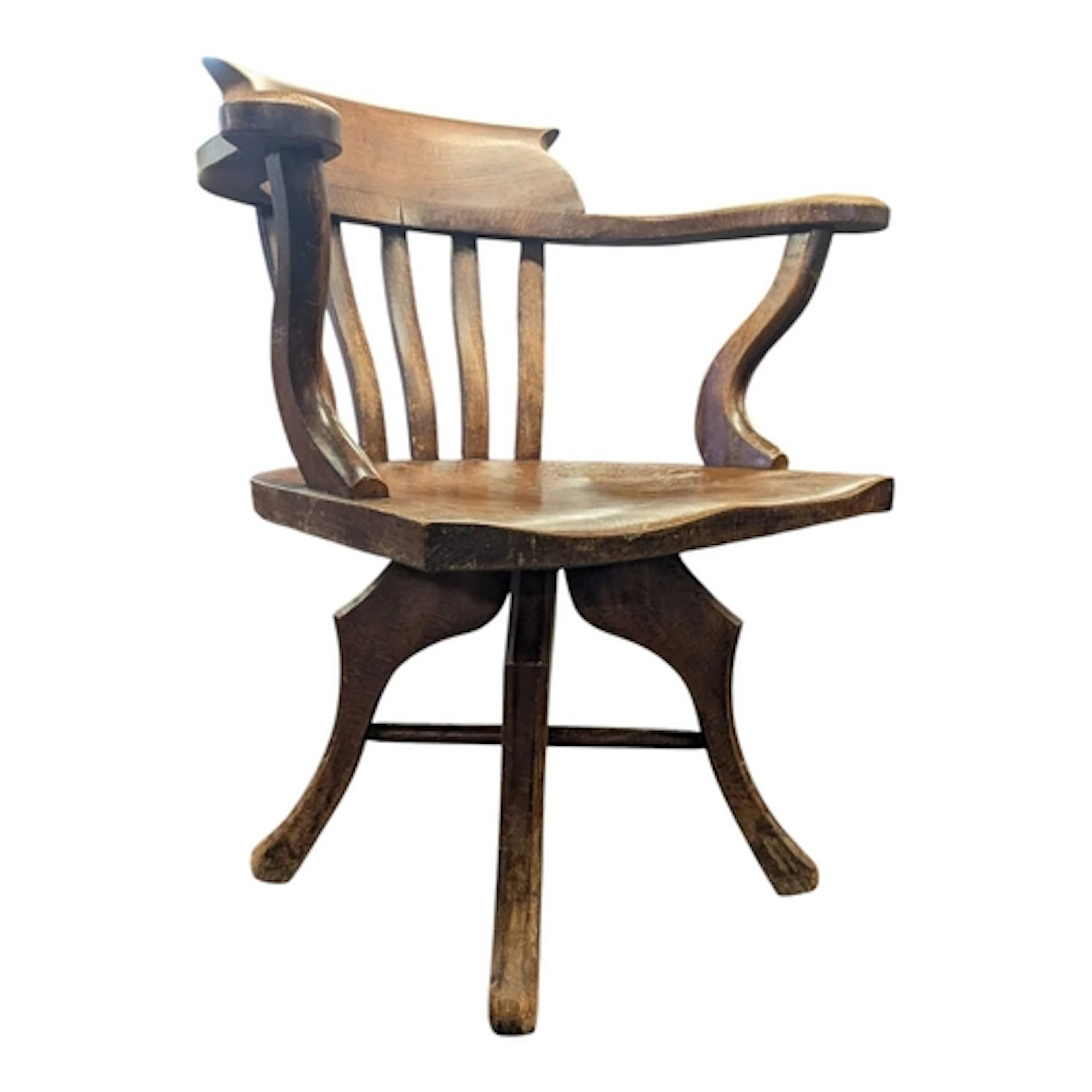 Edwardian ash and elm smoker's bow captains swivel office ar...