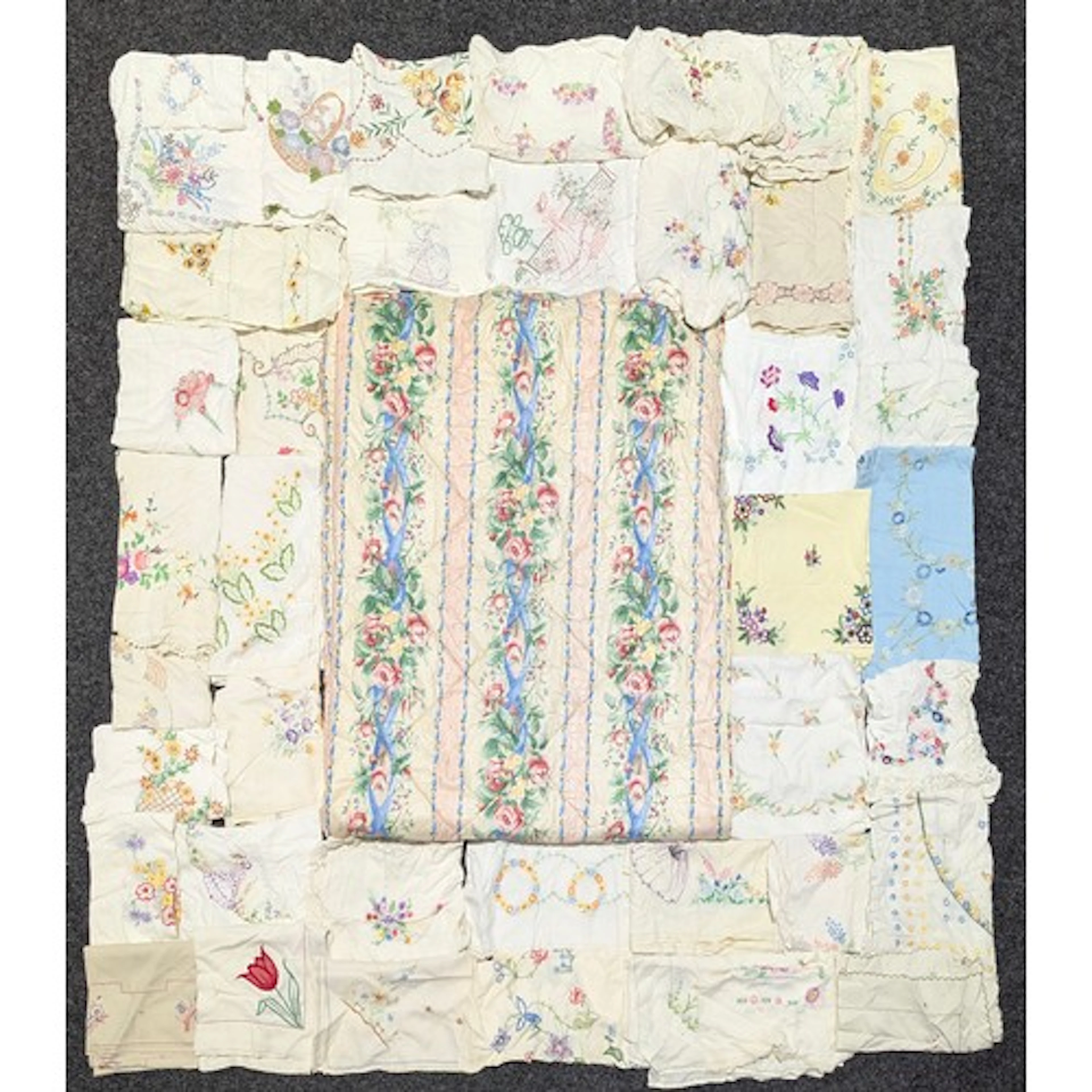 Textiles - Hand embroidered linen table clothes, including S...