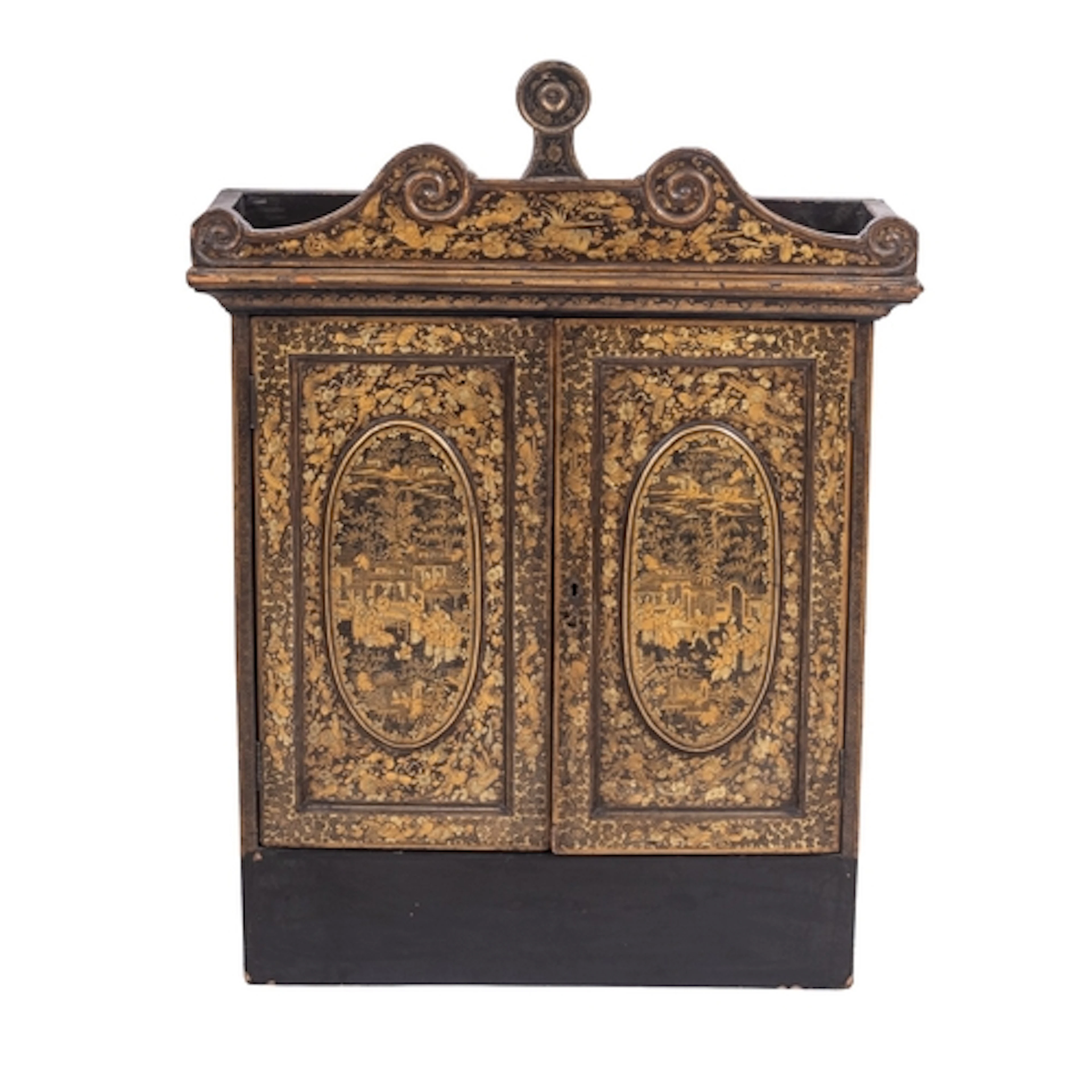 A Chinese export black lacquered and parcel giltwood cabinet...