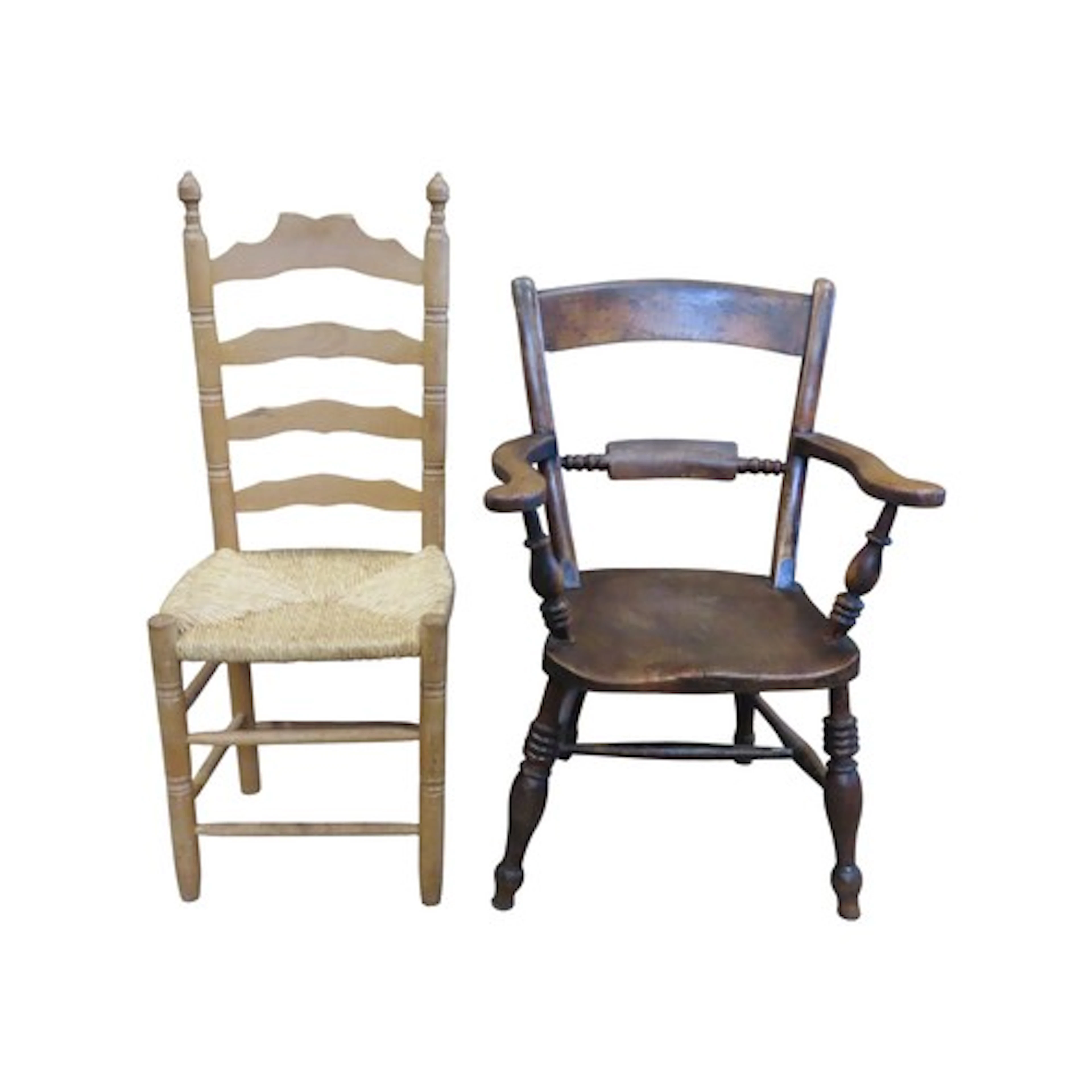 A Windsor elm and beechwood open elbow chair with bar back o...