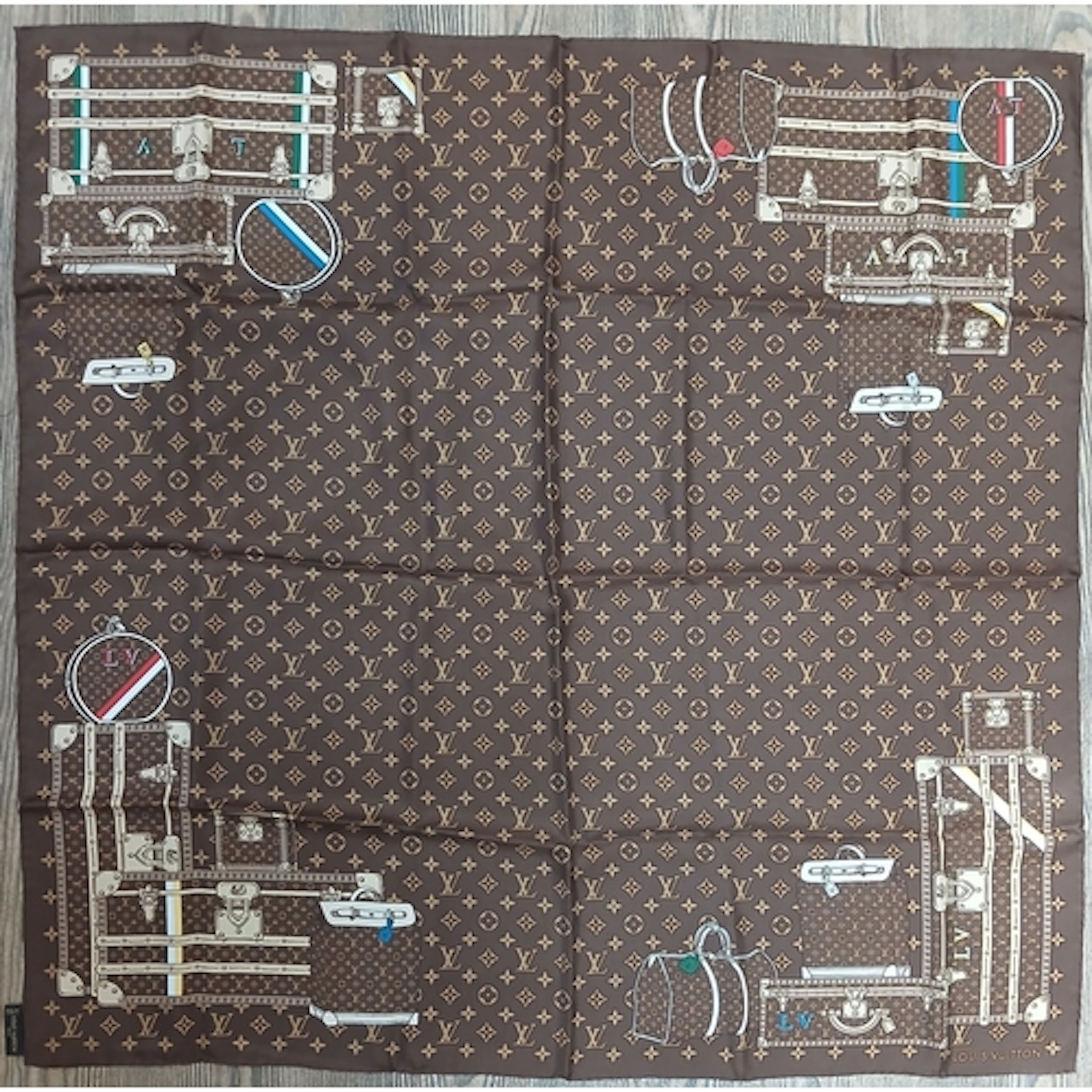 LOUIS VUITTON, LV logo and vintage luggage, 100% silk scarf,...